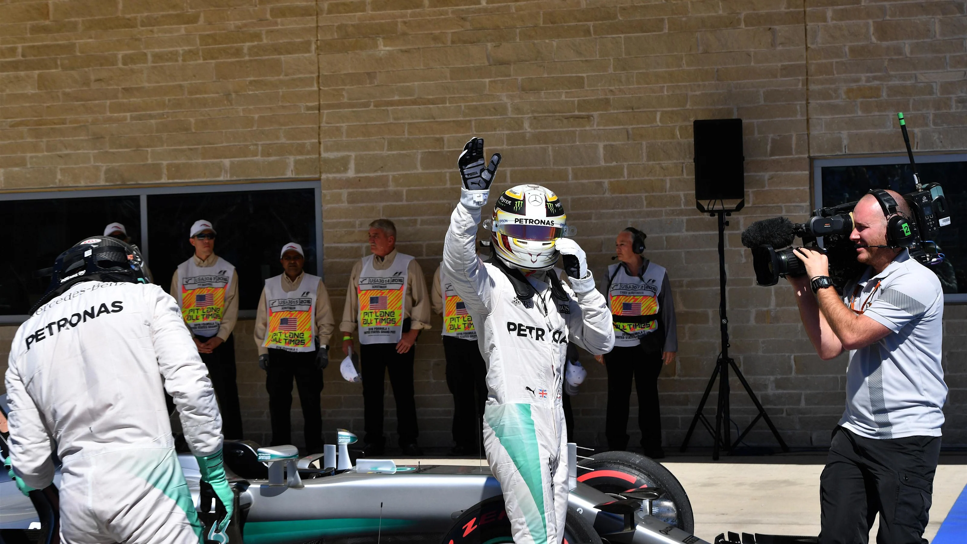 Pole sitter Lewis Hamilton (GBR) Mercedes AMG F1 celebrates in parc ferme at Formula One World