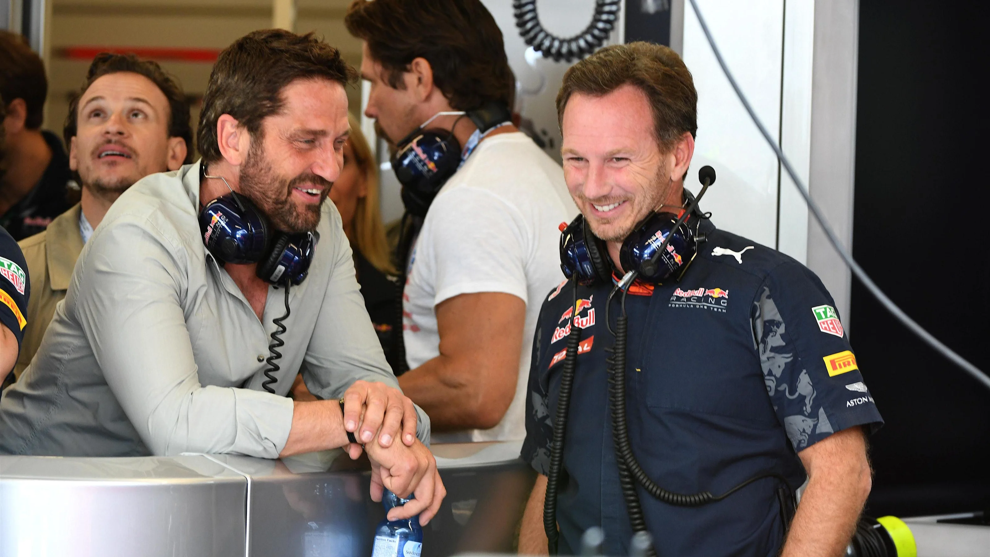 Gerard Butler (GBR) Actor and Christian Horner (GBR) Red Bull Racing Team Principal at Formula One