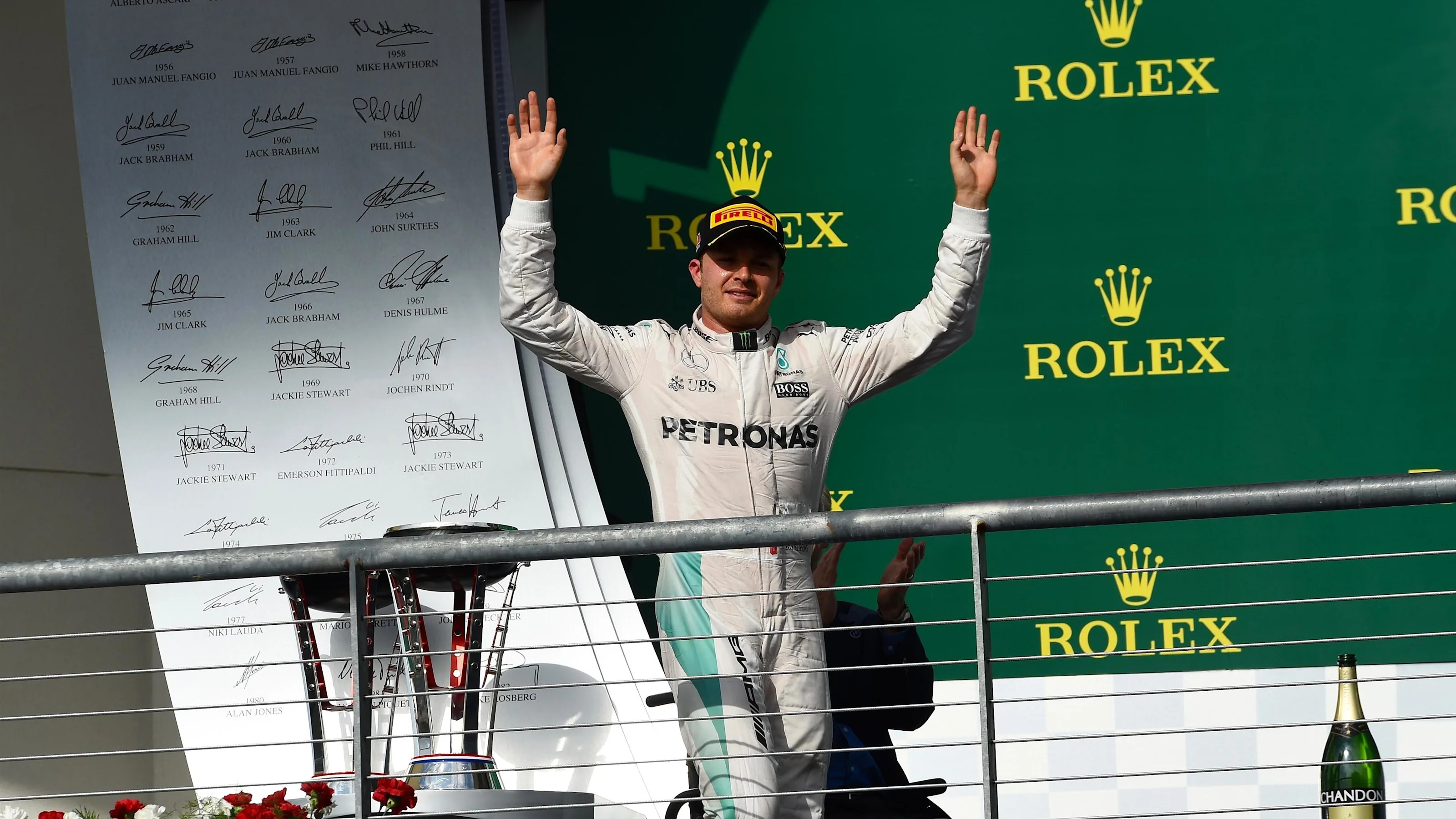 Nico Rosberg (GER) Mercedes AMG F1 celebrates on the podium at Formula One World Championship,