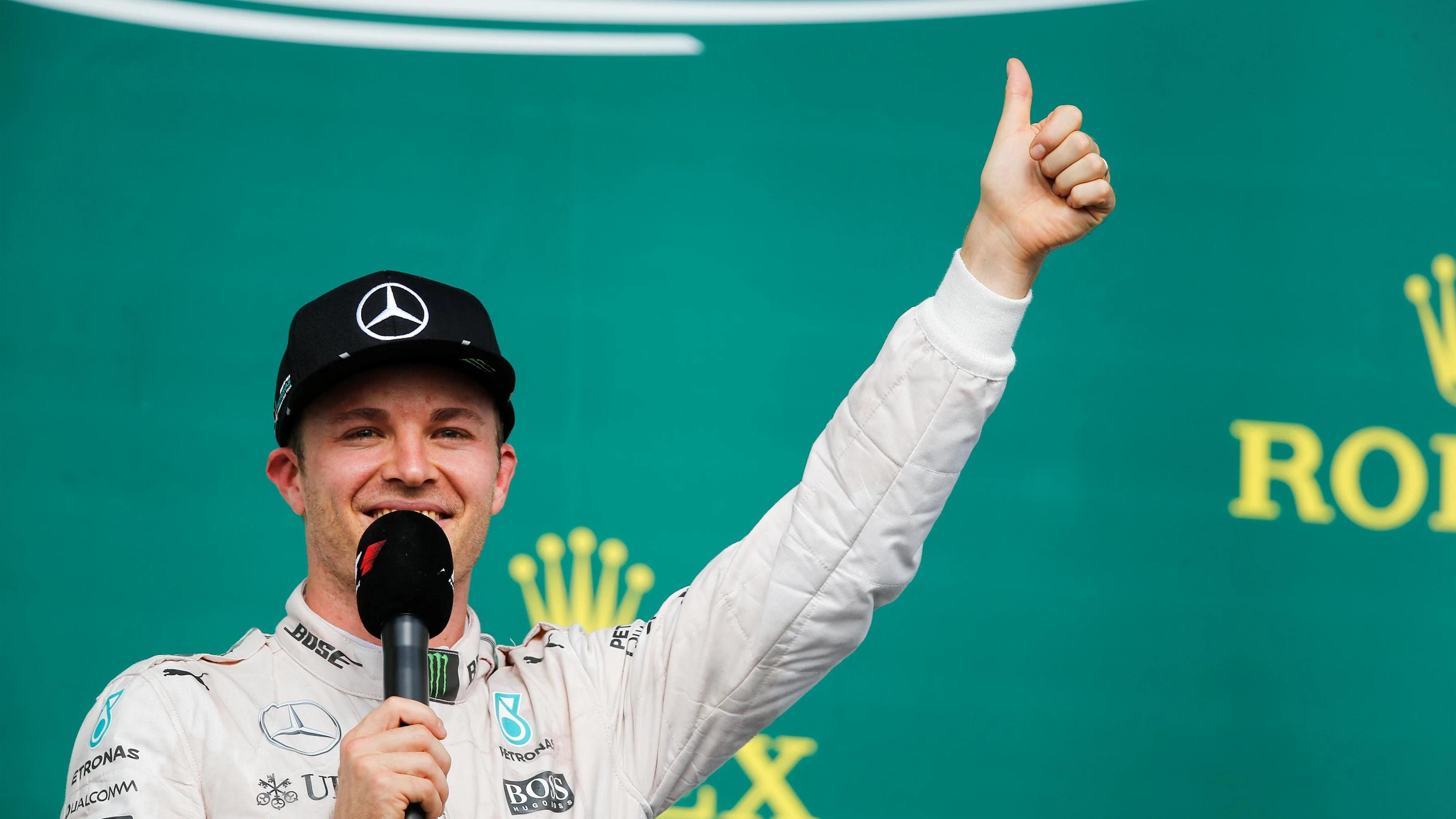 Nico Rosberg (GER) Mercedes AMG F1 celebrates on the podium at Formula One World Championship,