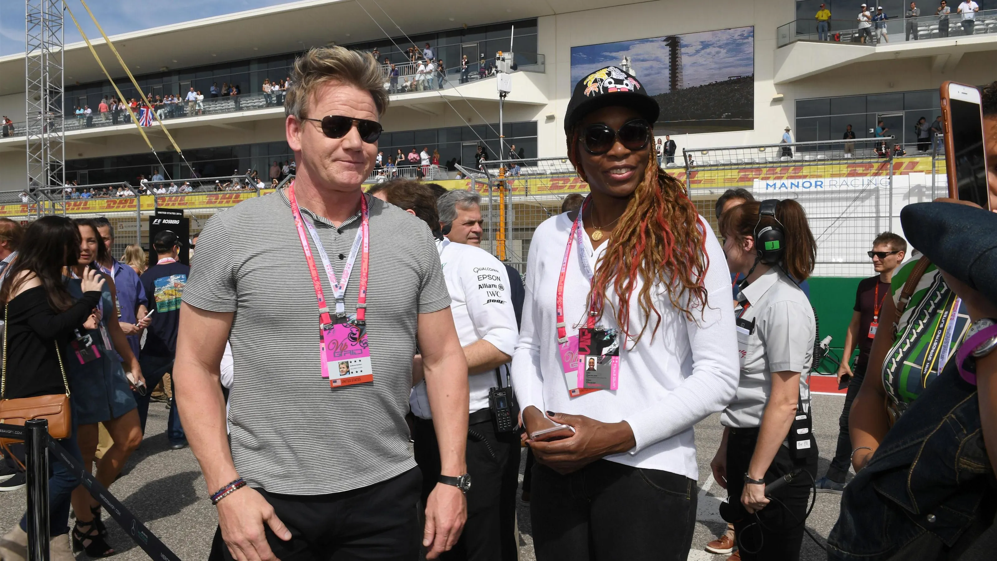 Gordon Ramsay (GBR) Chef and Venus Williams (USA) Tennis player on the grid at Formula One World