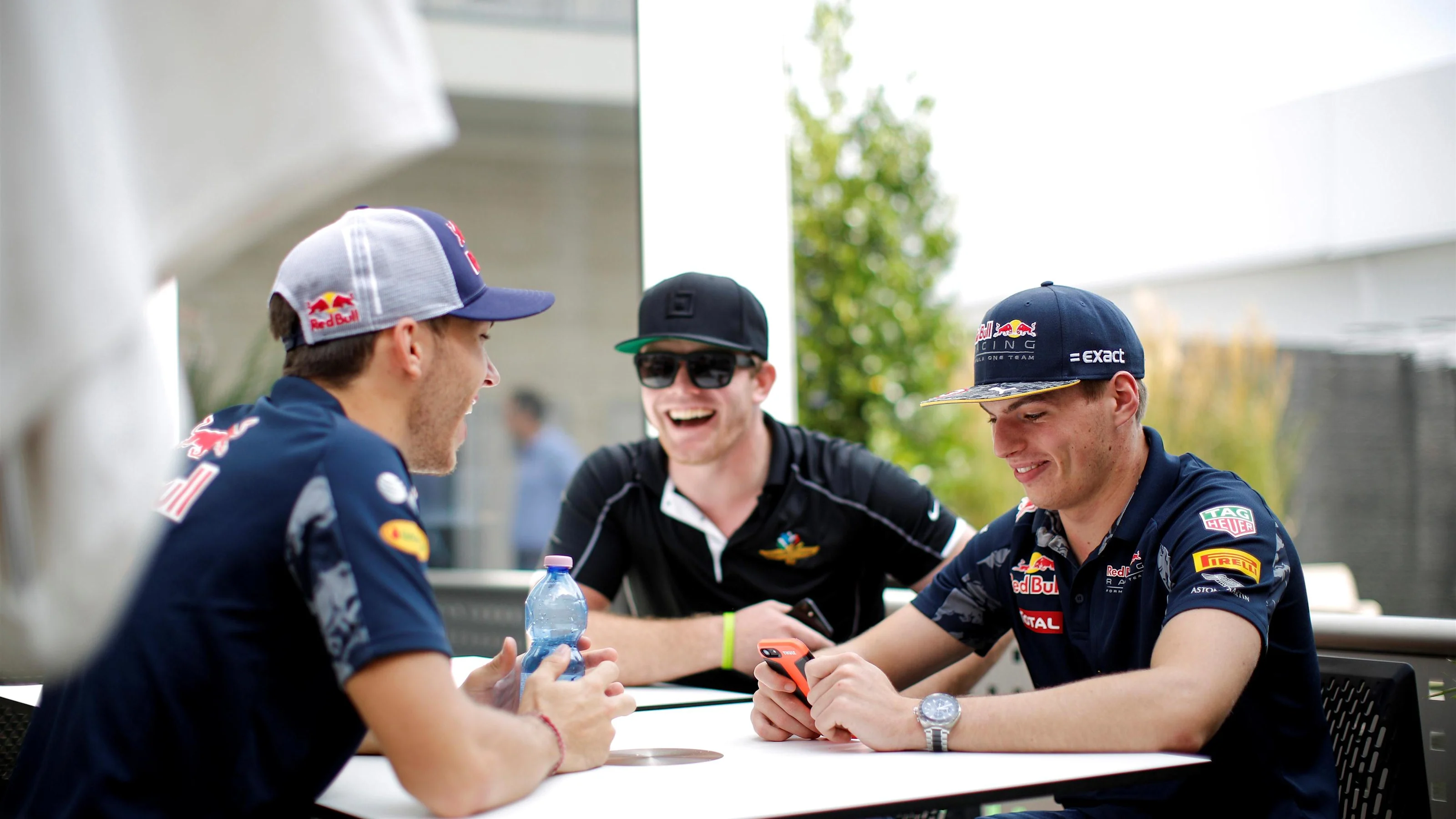 Pierre Gasly (FRA) Red Bull Racing Test Driver, Connor Daly (USA) and Max Verstappen (NED) Red Bull