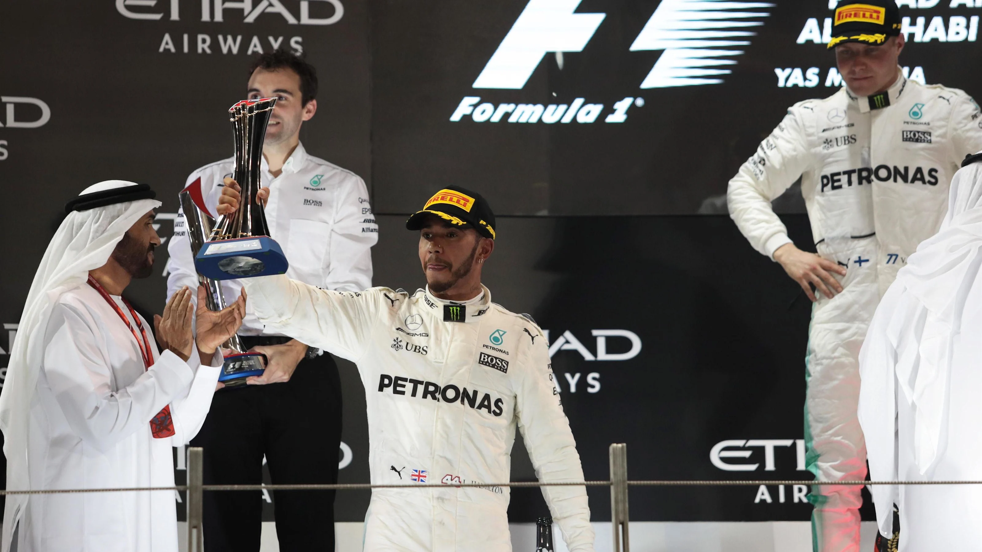 Lewis Hamilton (GBR) Mercedes AMG F1 celebrates on the podium at Formula One World Championship,