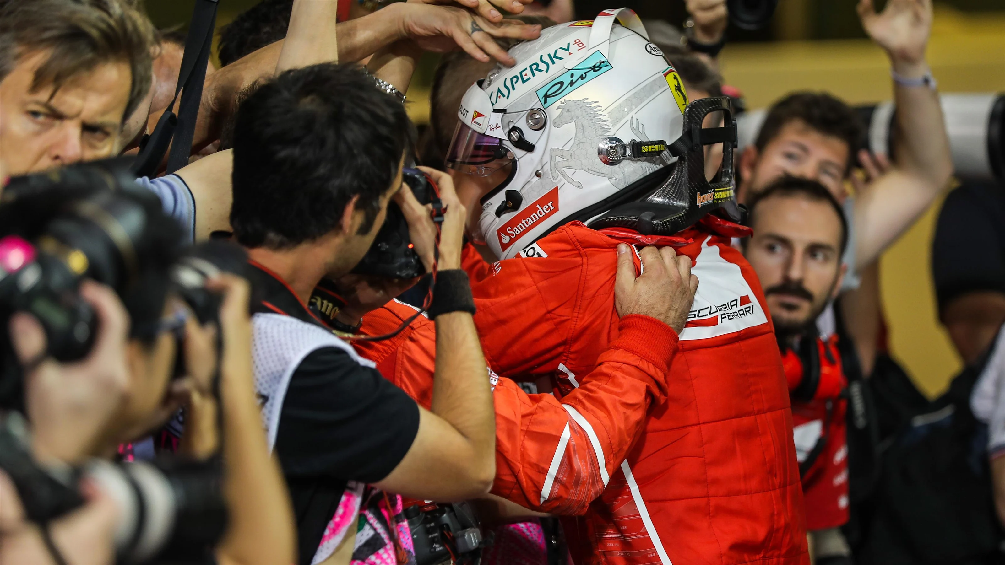Sebastian Vettel (GER) Ferrari celebrates in parc ferme at Formula One World Championship, Rd20,