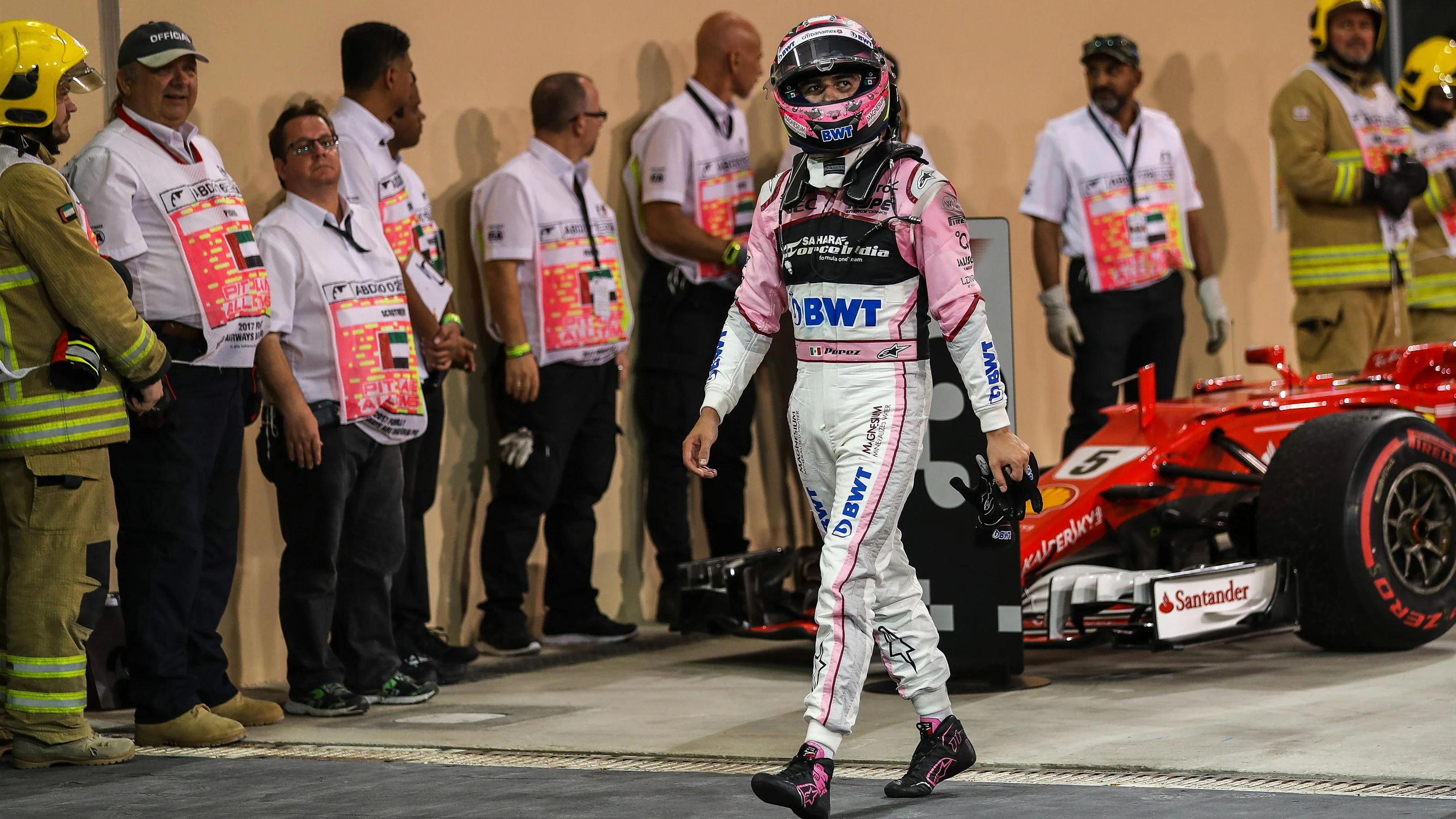Sergio Perez (MEX) Force India in parc ferme at Formula One World Championship, Rd20, Abu Dhabi