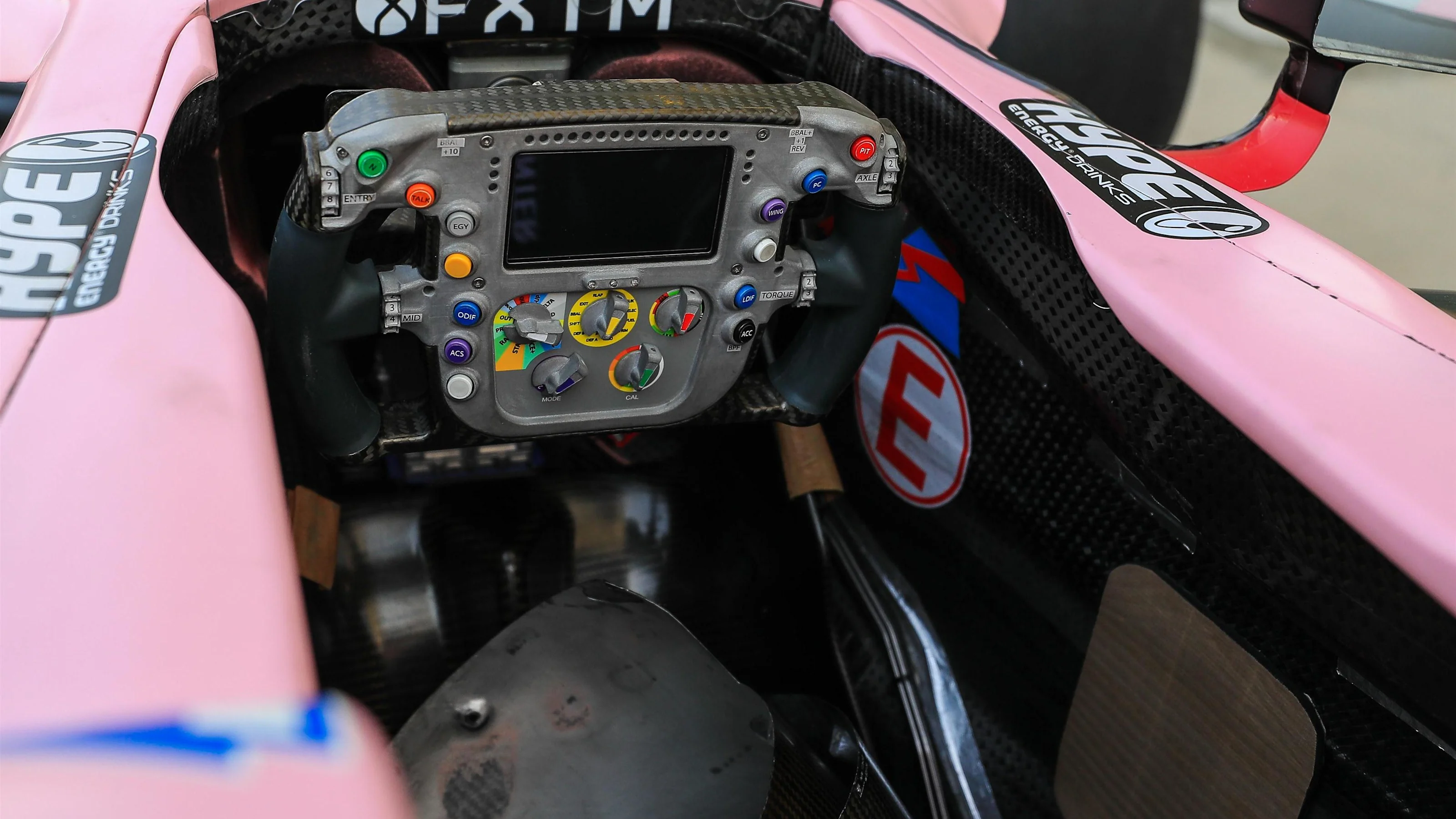 The cockpit and steering wheel detail of Force India VJM10 at Formula One World Championship, Rd20,