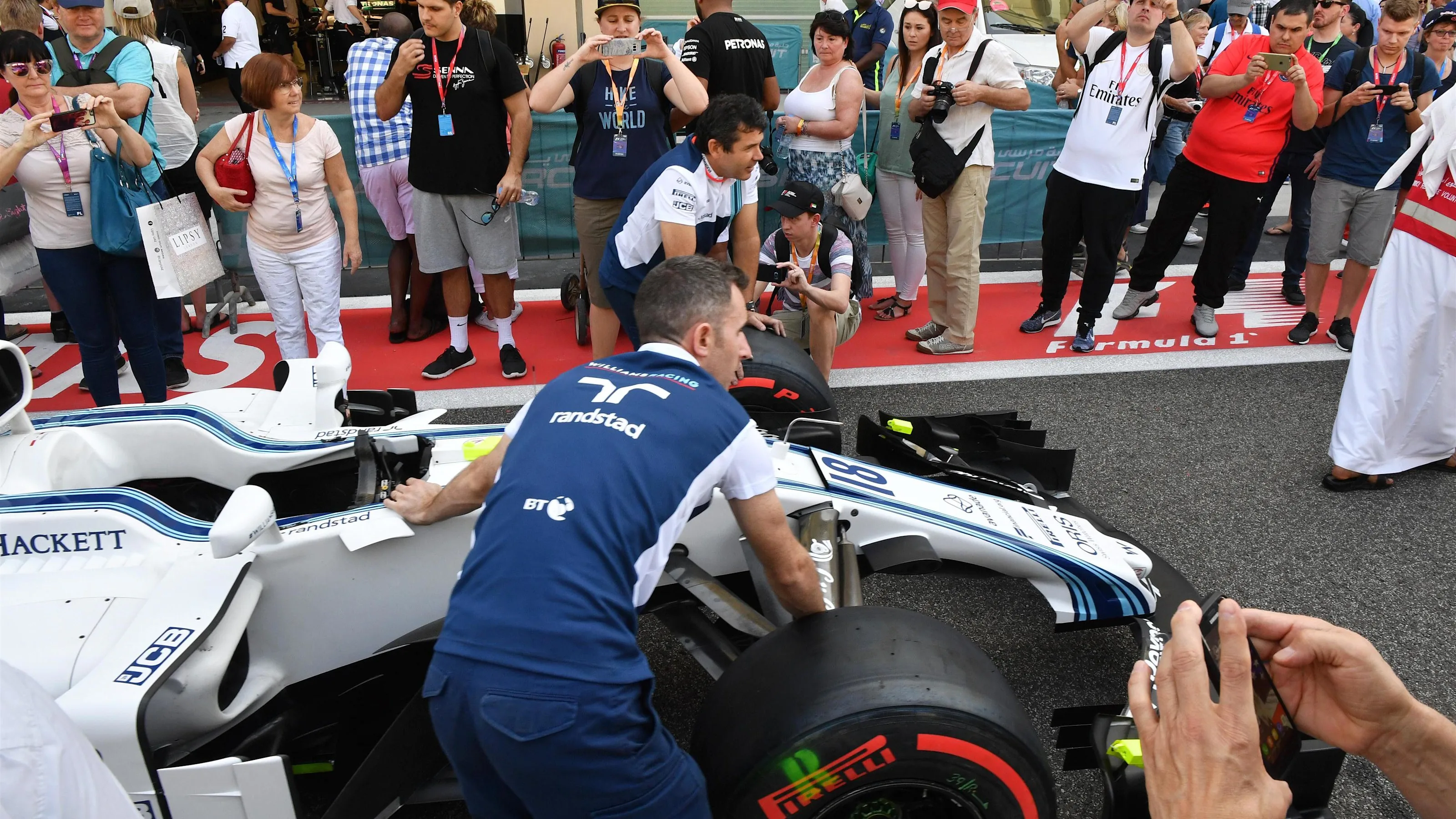 Fans in pit lane and Williams FW40 at Formula One World Championship, Rd20, Abu Dhabi Grand Prix,