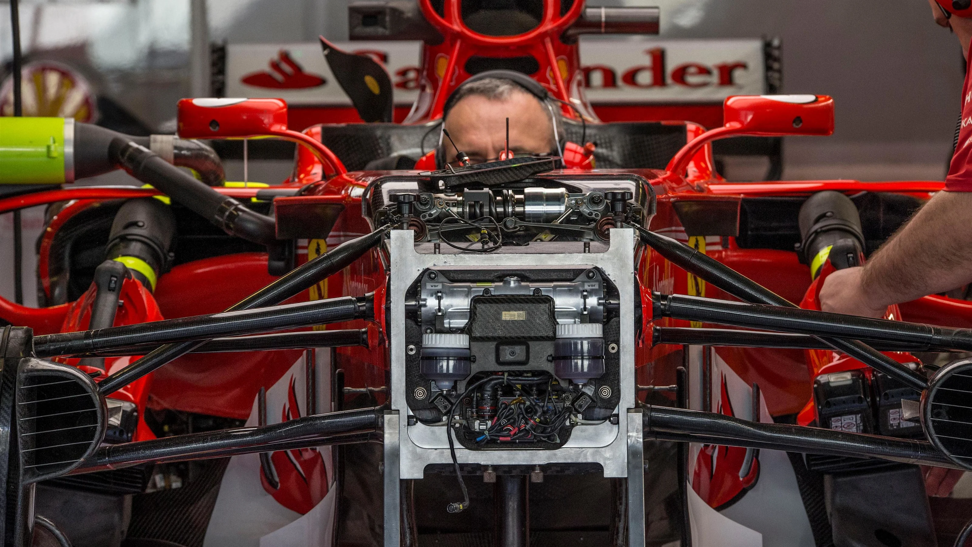 Ferrari SF70-H front suspension and chassis detail at Formula One World Championship, Rd20, Abu