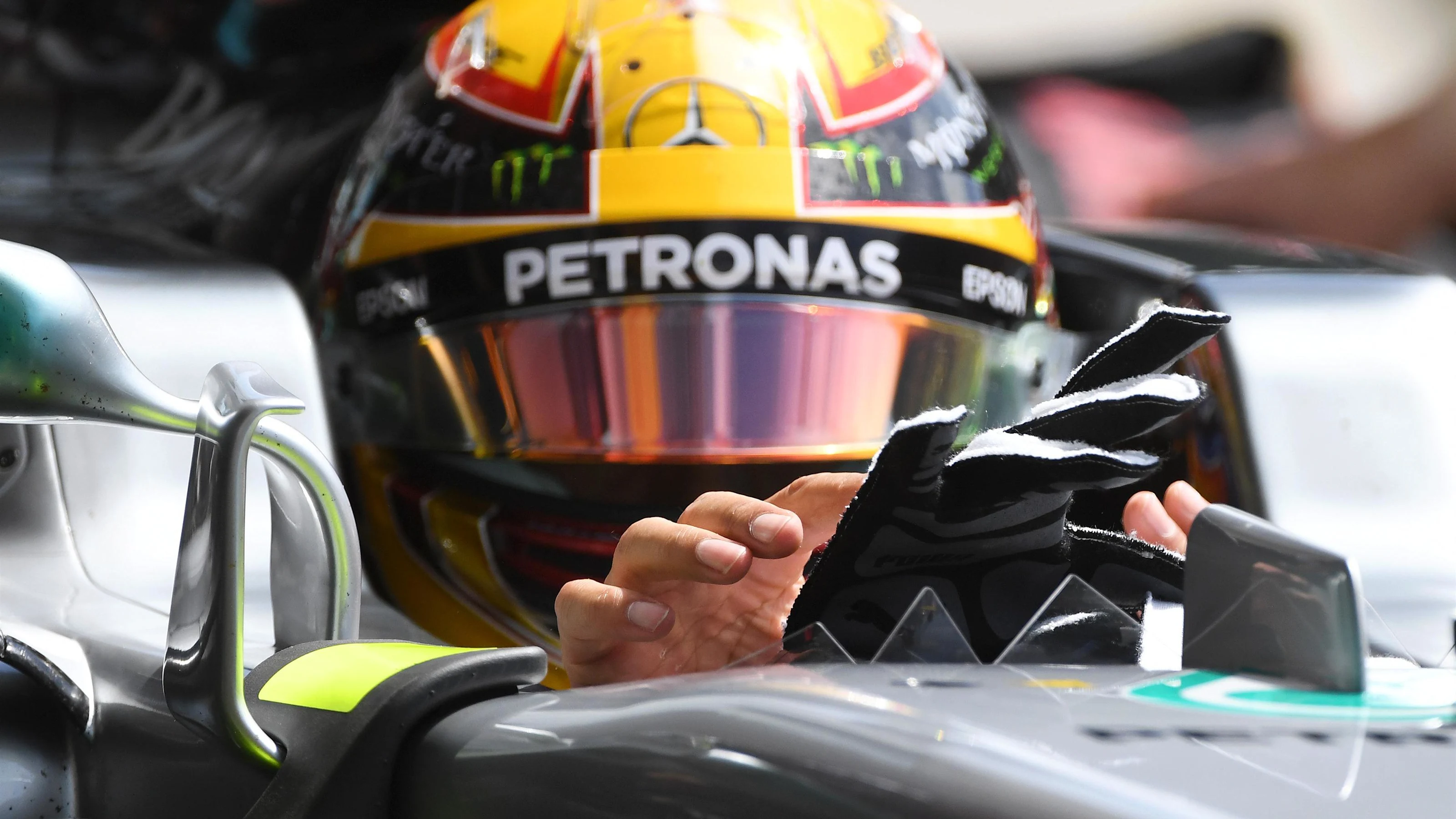Lewis Hamilton (GBR) Mercedes-Benz F1 W08 Hybrid gloves at Formula One World Championship, Rd9,