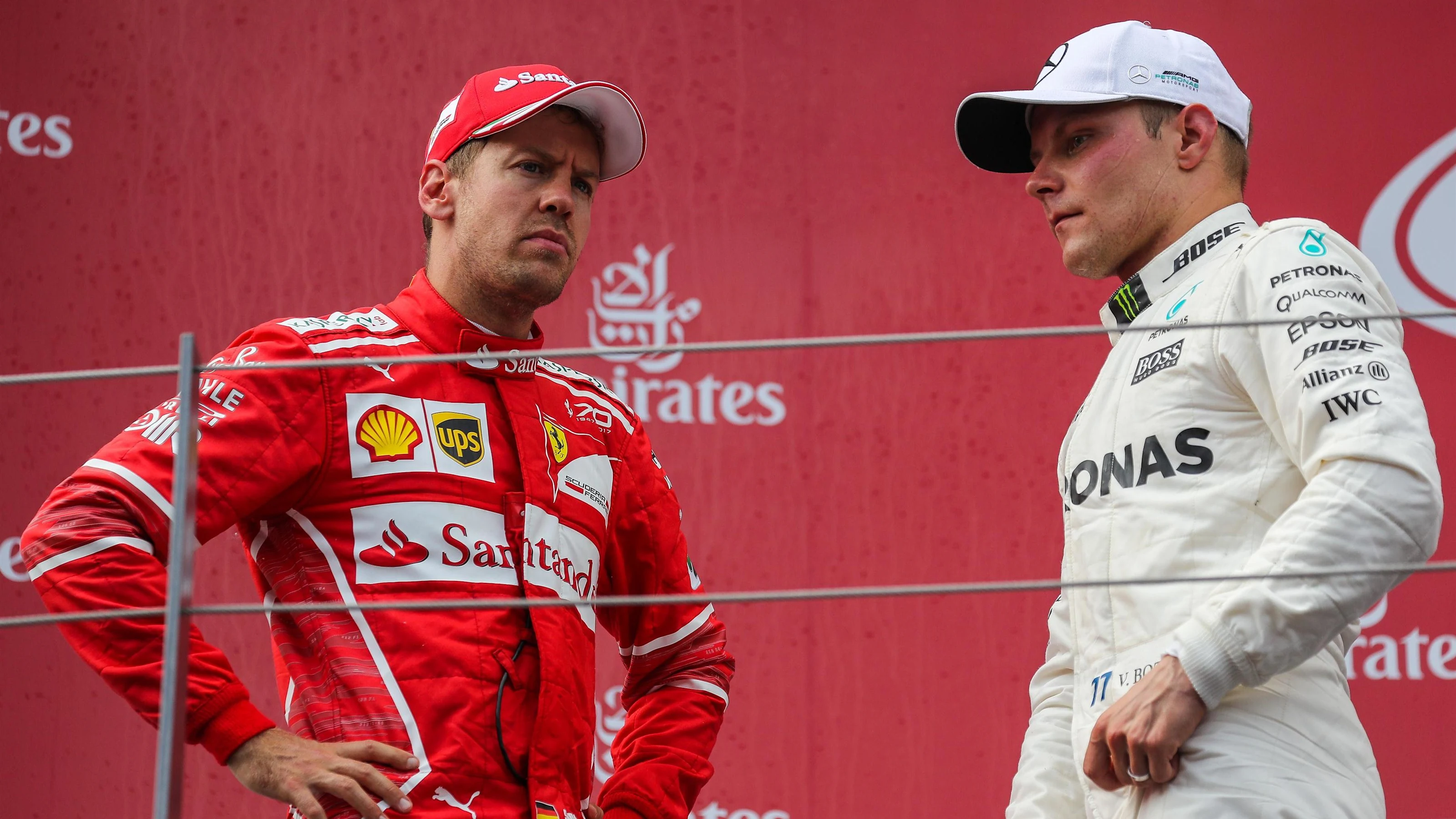Sebastian Vettel (GER) Ferrari and race winner Valtteri Bottas (FIN) Mercedes AMG F1 celebrate on
