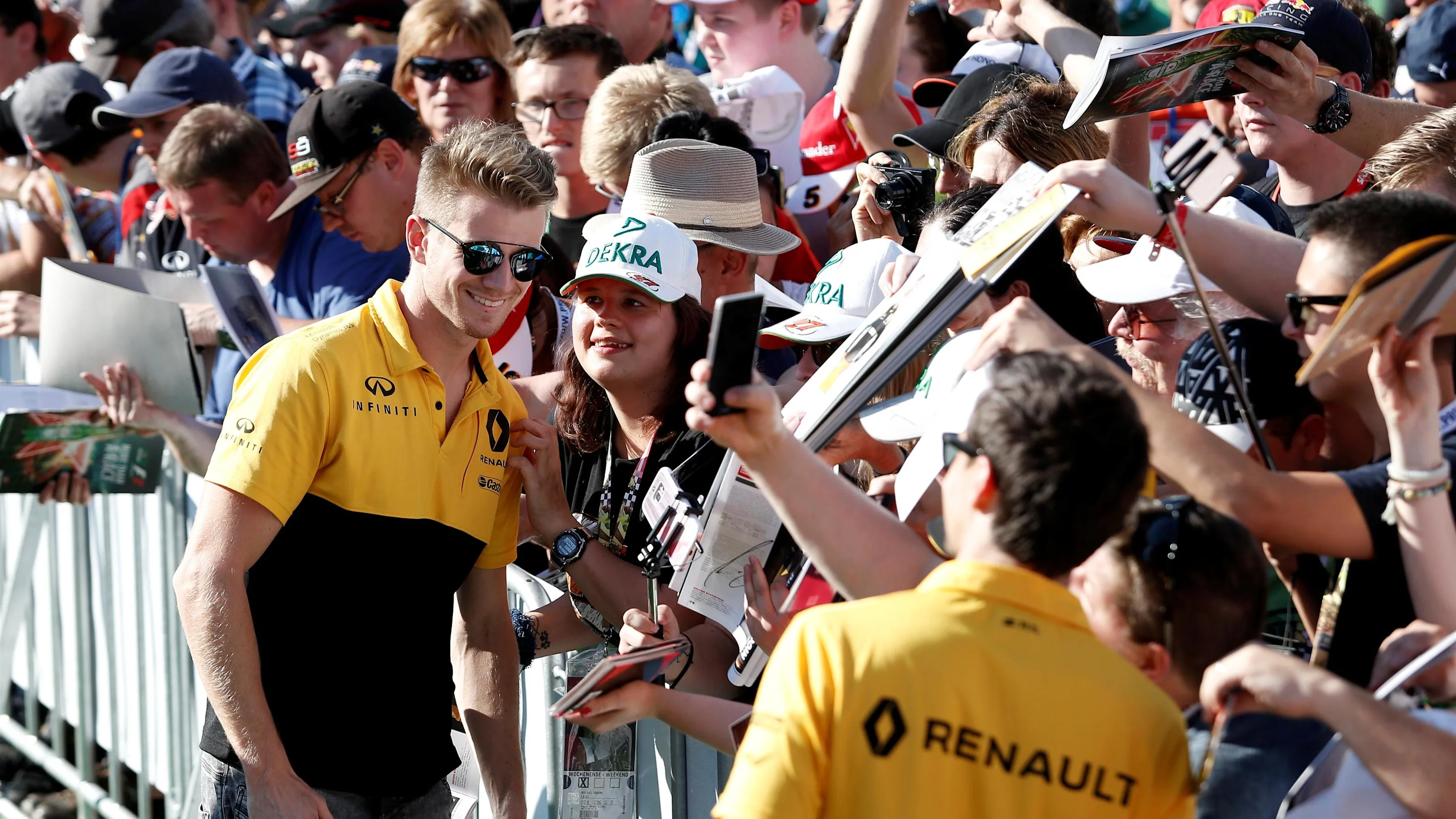 Nico Hulkenberg (GER) Renault Sport F1 Team fans selfie at Formula One World Championship, Rd9,