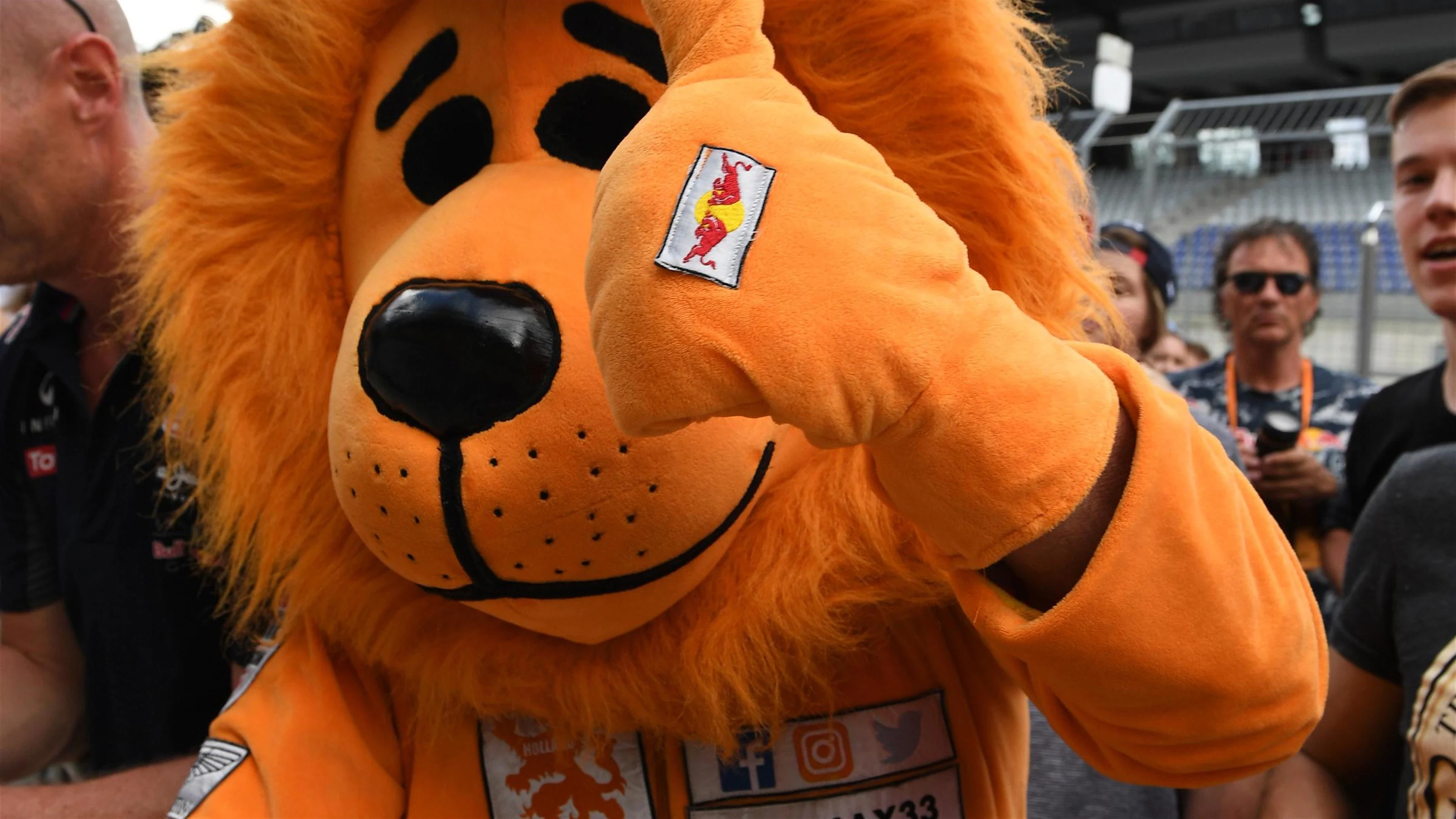 Max Verstappen (NED) Red Bull Racing fan in lion costume at Formula One World Championship, Rd9,