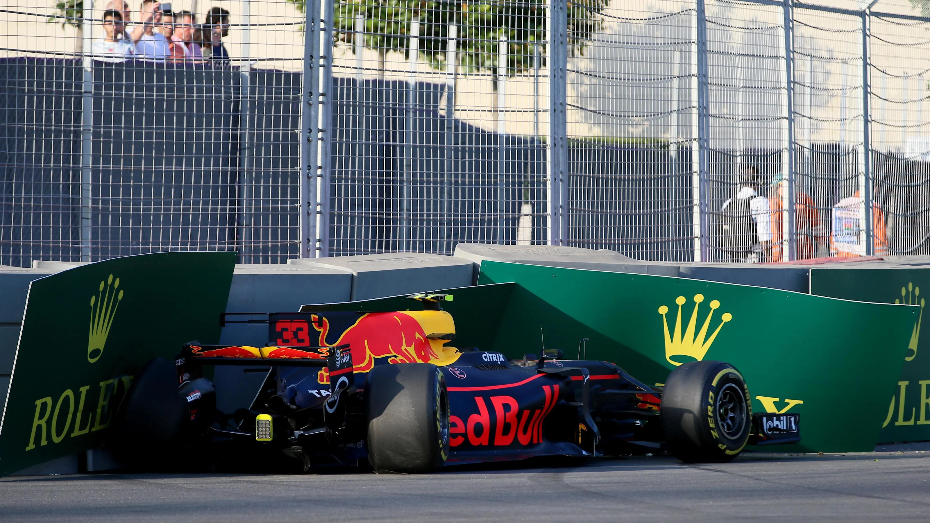 The crashed car of Max Verstappen (NED) Red Bull Racing RB13 is in FP2 at Formula One World