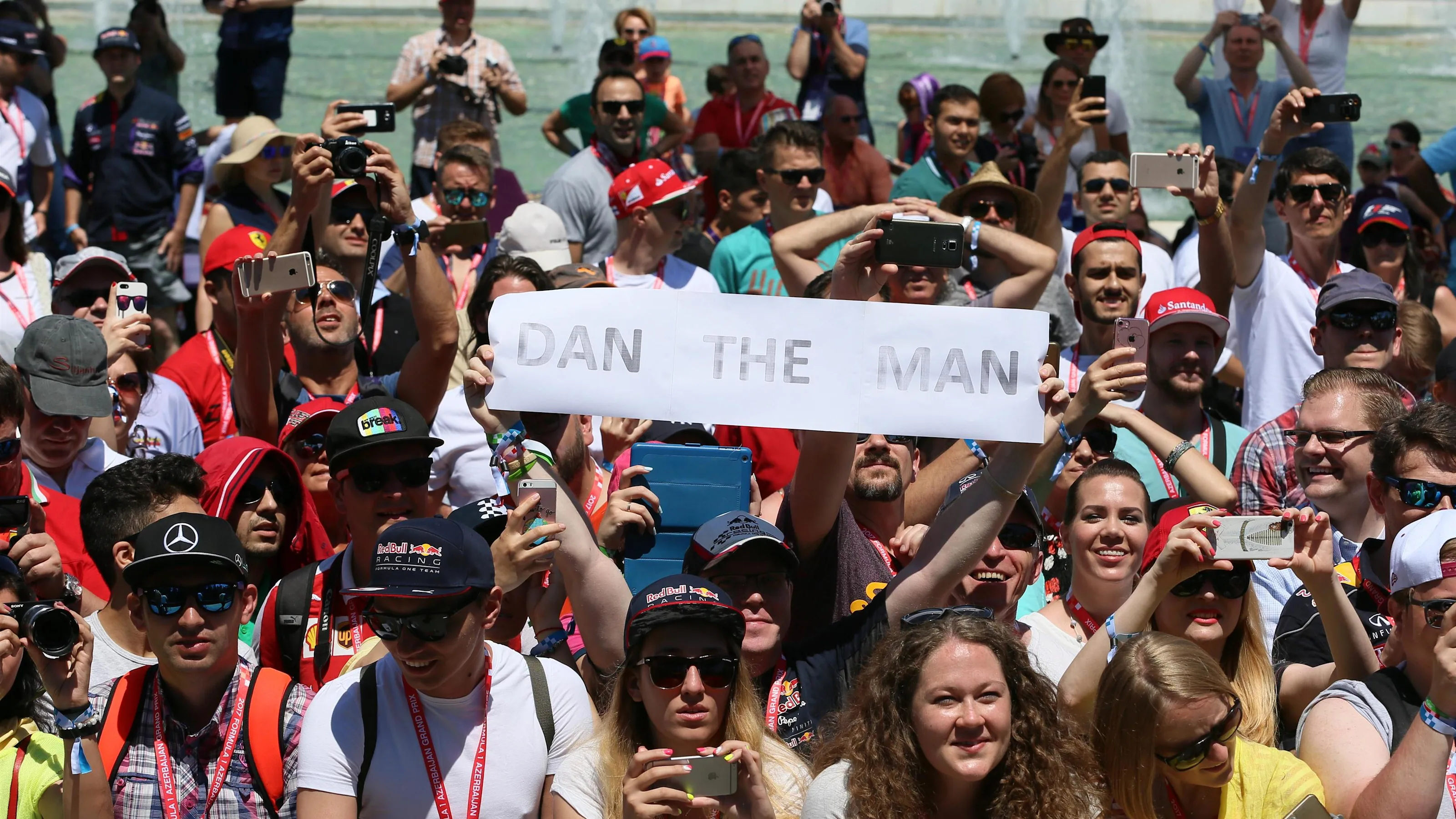 Fans with banner for Daniel Ricciardo (AUS) Red Bull Racing at Formula One World Championship, Rd8,