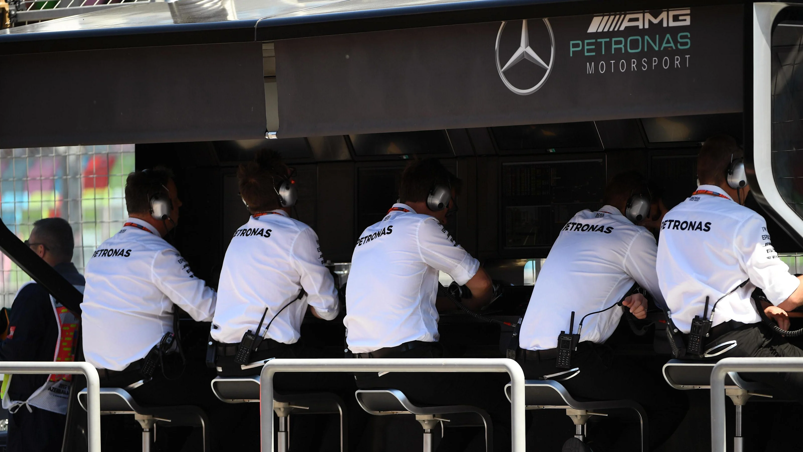 Mercedes AMG F1 pit wall gantry at Formula One World Championship, Rd8, Azerbaijan Grand Prix,