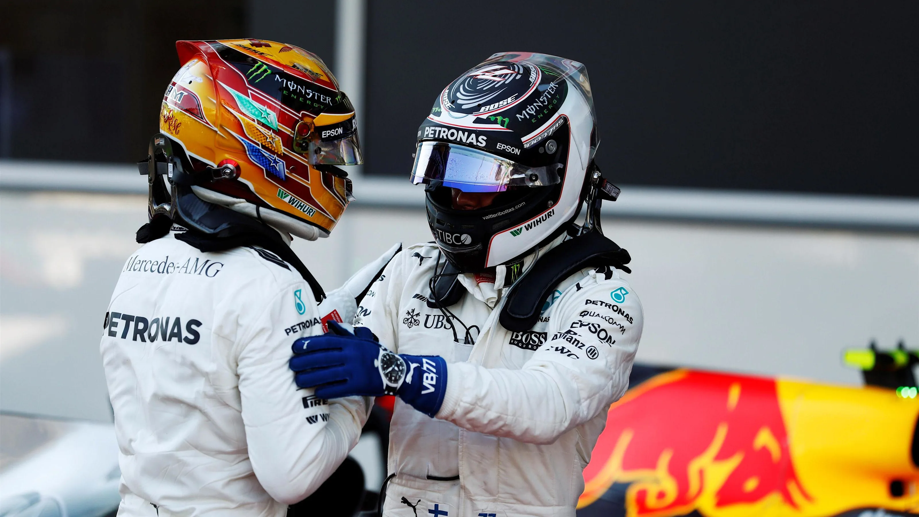 Pole sitter Lewis Hamilton (GBR) Mercedes AMG F1 and Valtteri Bottas (FIN) Mercedes AMG F1