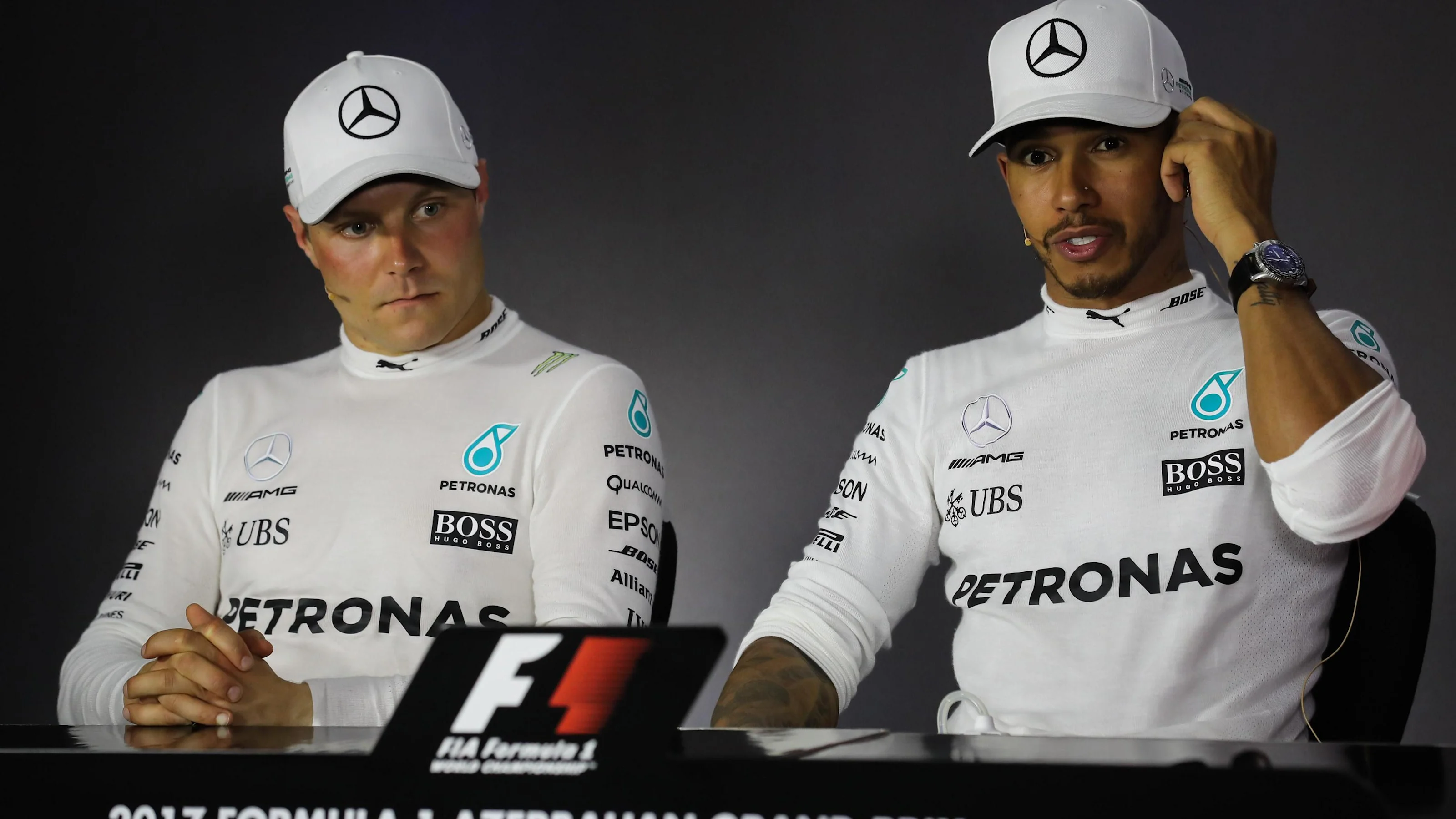 Valtteri Bottas (FIN) Mercedes AMG F1 and Lewis Hamilton (GBR) Mercedes AMG F1 in the Press