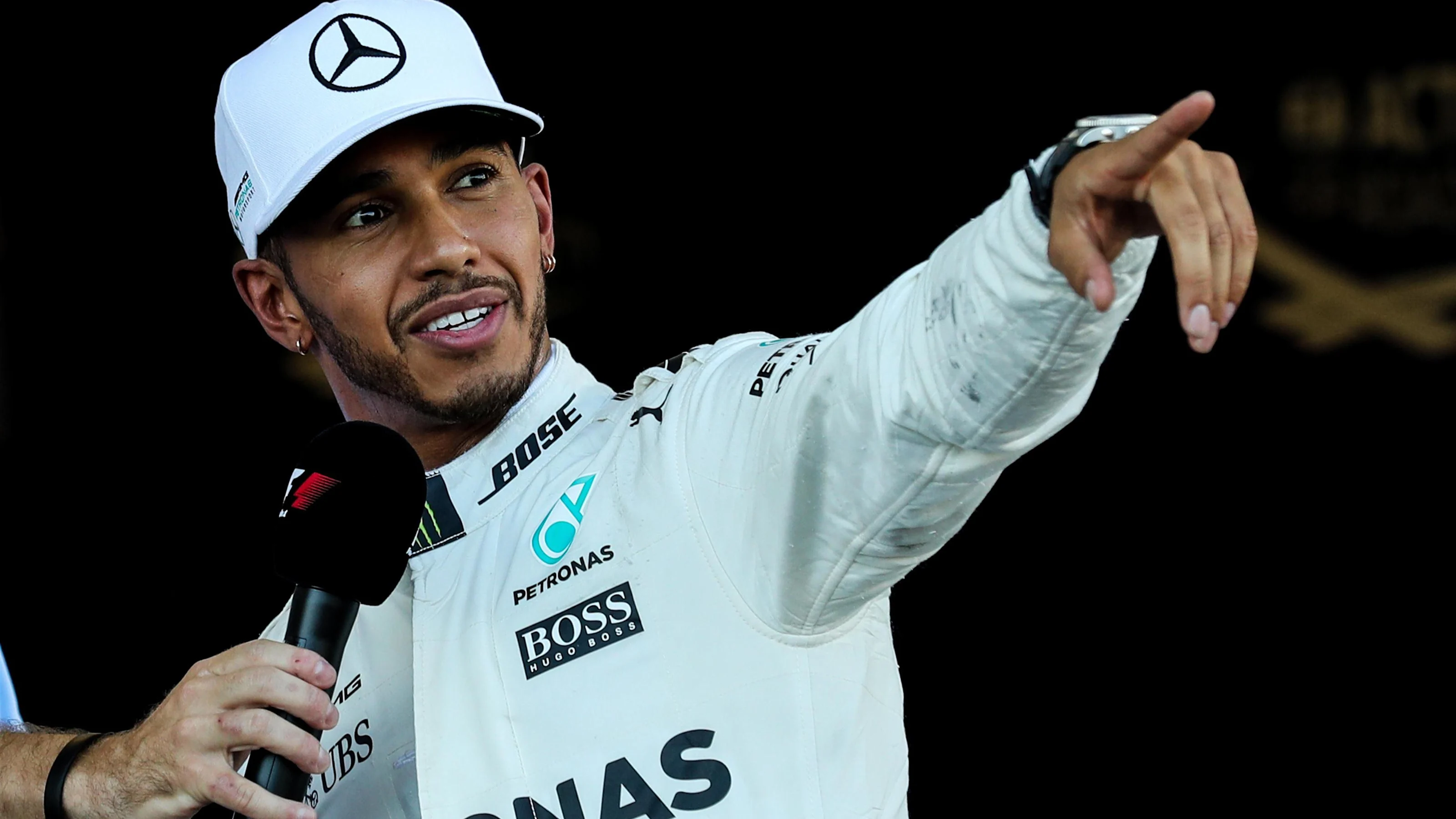 Pole sitter Lewis Hamilton (GBR) Mercedes AMG F1 celebrates in parc ferme at Formula One World