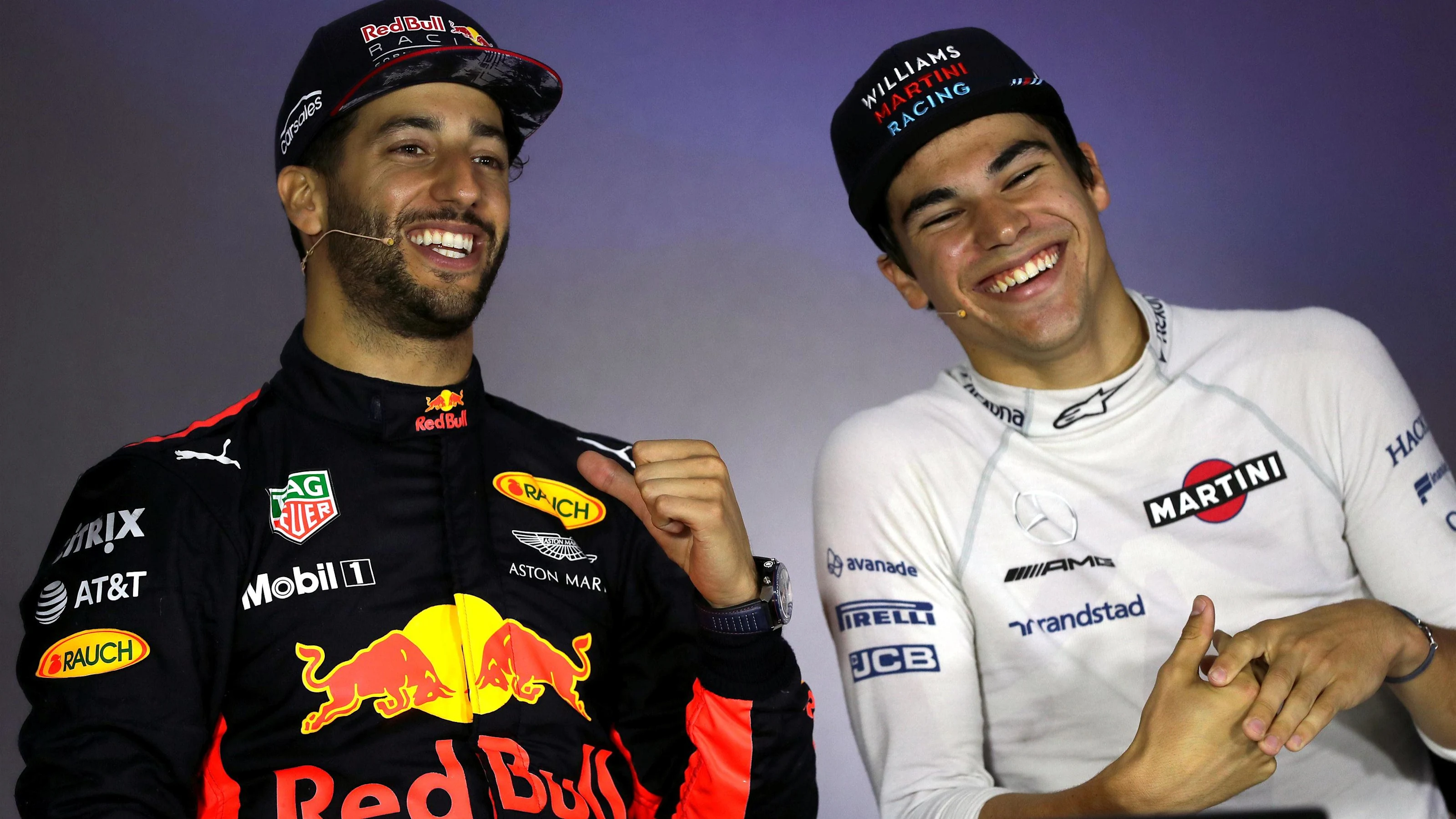 Race winner Daniel Ricciardo (AUS) Red Bull Racing in the Press Conference with Lance Stroll (CDN)