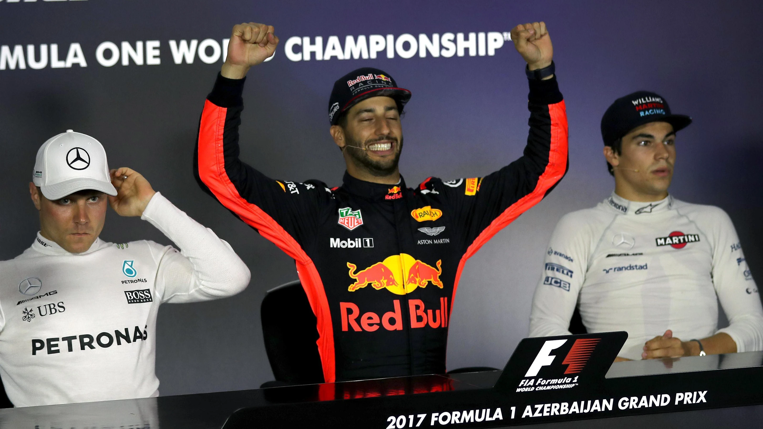 Race winner Daniel Ricciardo (AUS) Red Bull Racing celebrates in the Press Conference with Lance