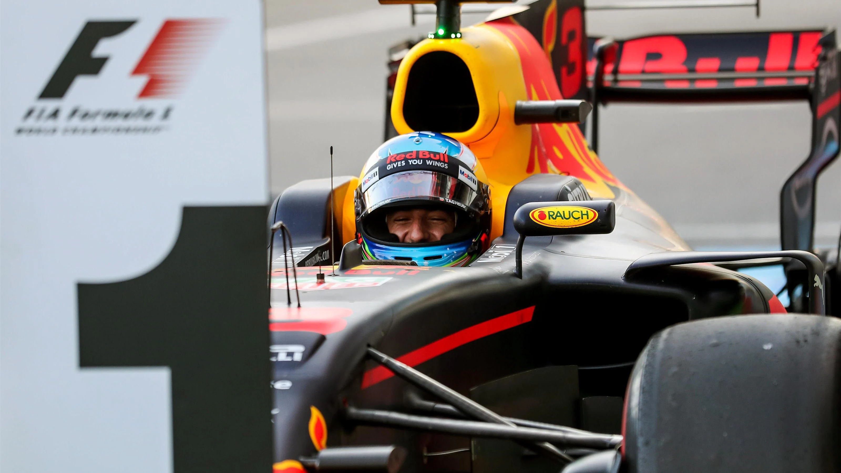 Race winner Daniel Ricciardo (AUS) Red Bull Racing RB13 arrives and celebrates in parc ferme at