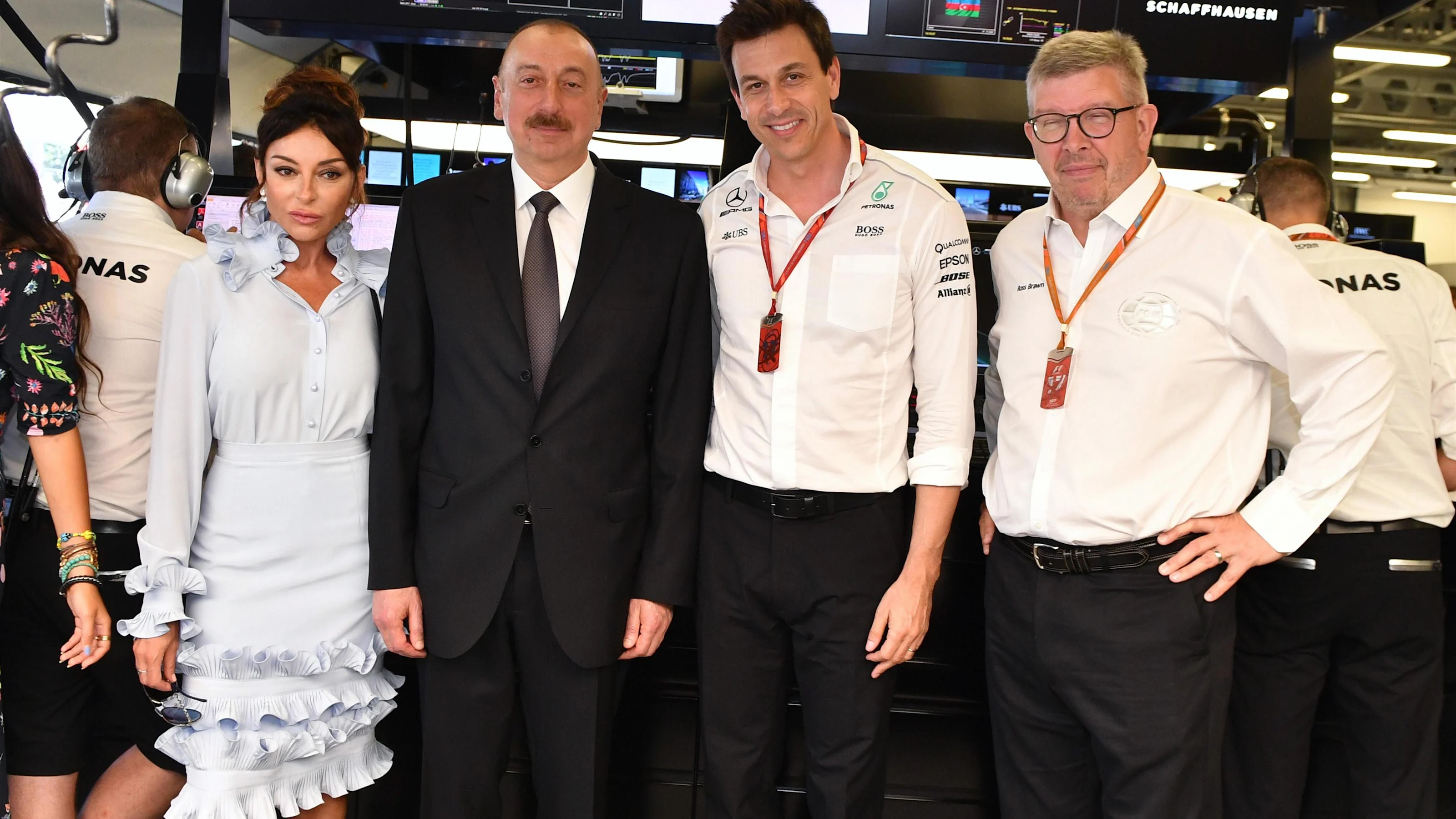 Illham Aliyev (AZE) President of Azerbaijan in the garage with Toto Wolff (AUT) Mercedes AMG F1