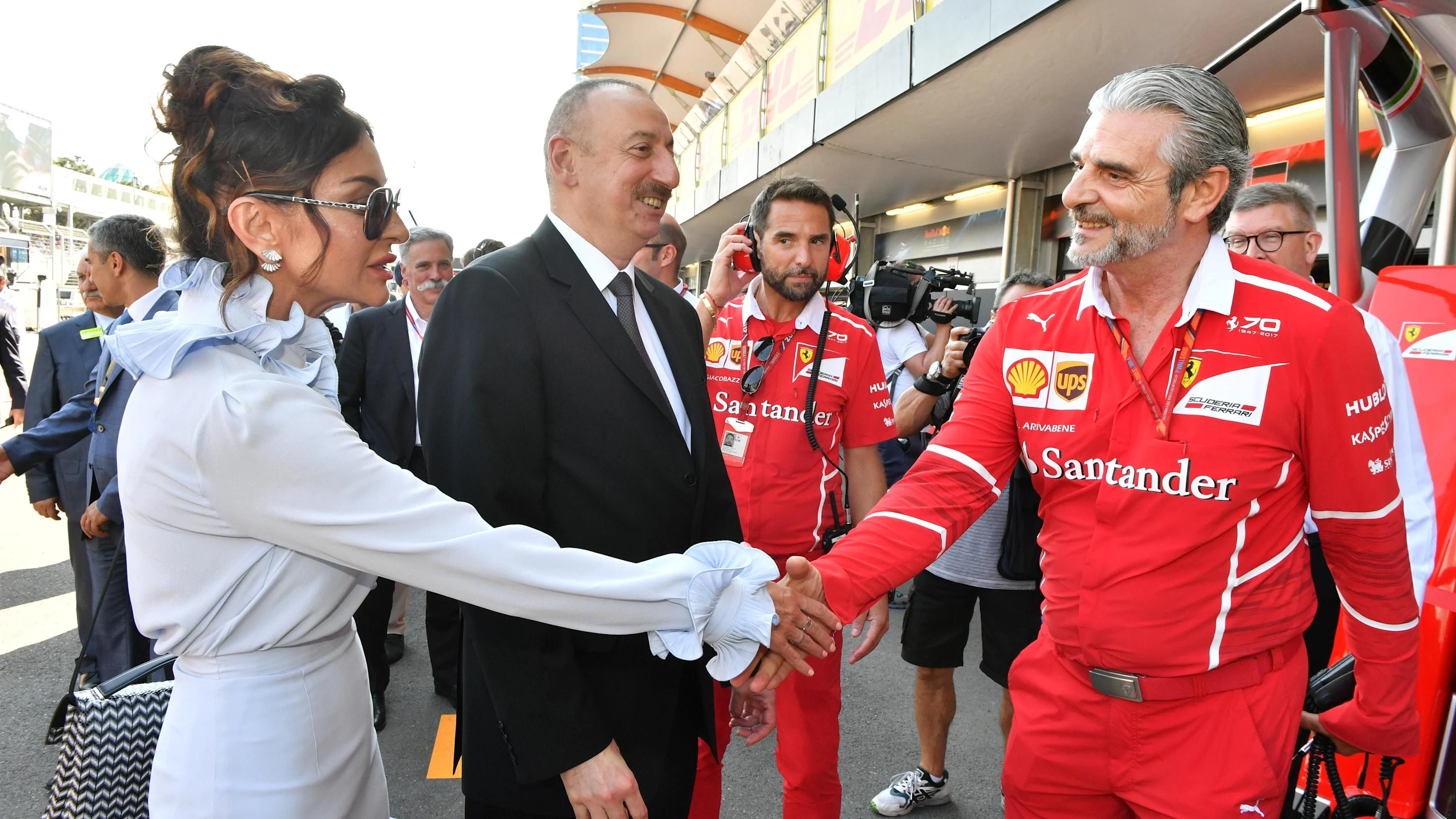 Illham Aliyev (AZE) President of Azerbaijan with Maurizio Arrivabene (ITA) Ferrari Team Principal