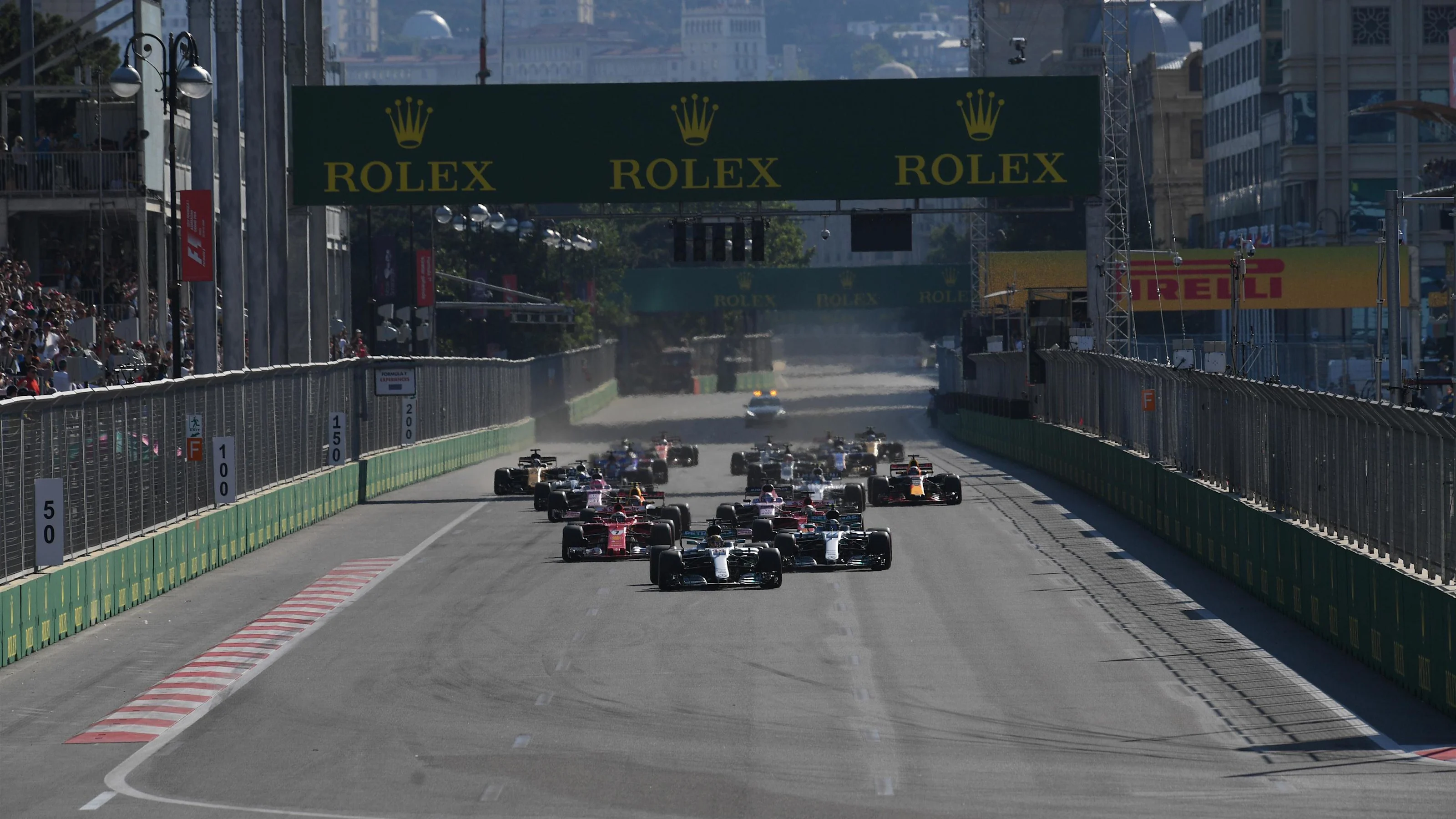 Lewis Hamilton (GBR) Mercedes-Benz F1 W08 Hybrid leads at the start of the race at Formula One