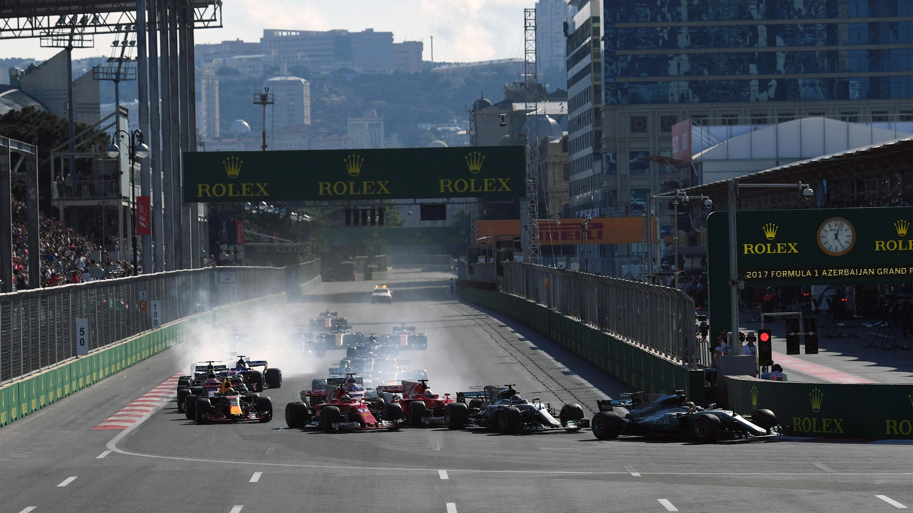 Lewis Hamilton (GBR) Mercedes-Benz F1 W08 Hybrid leads at the start of the race at Formula One