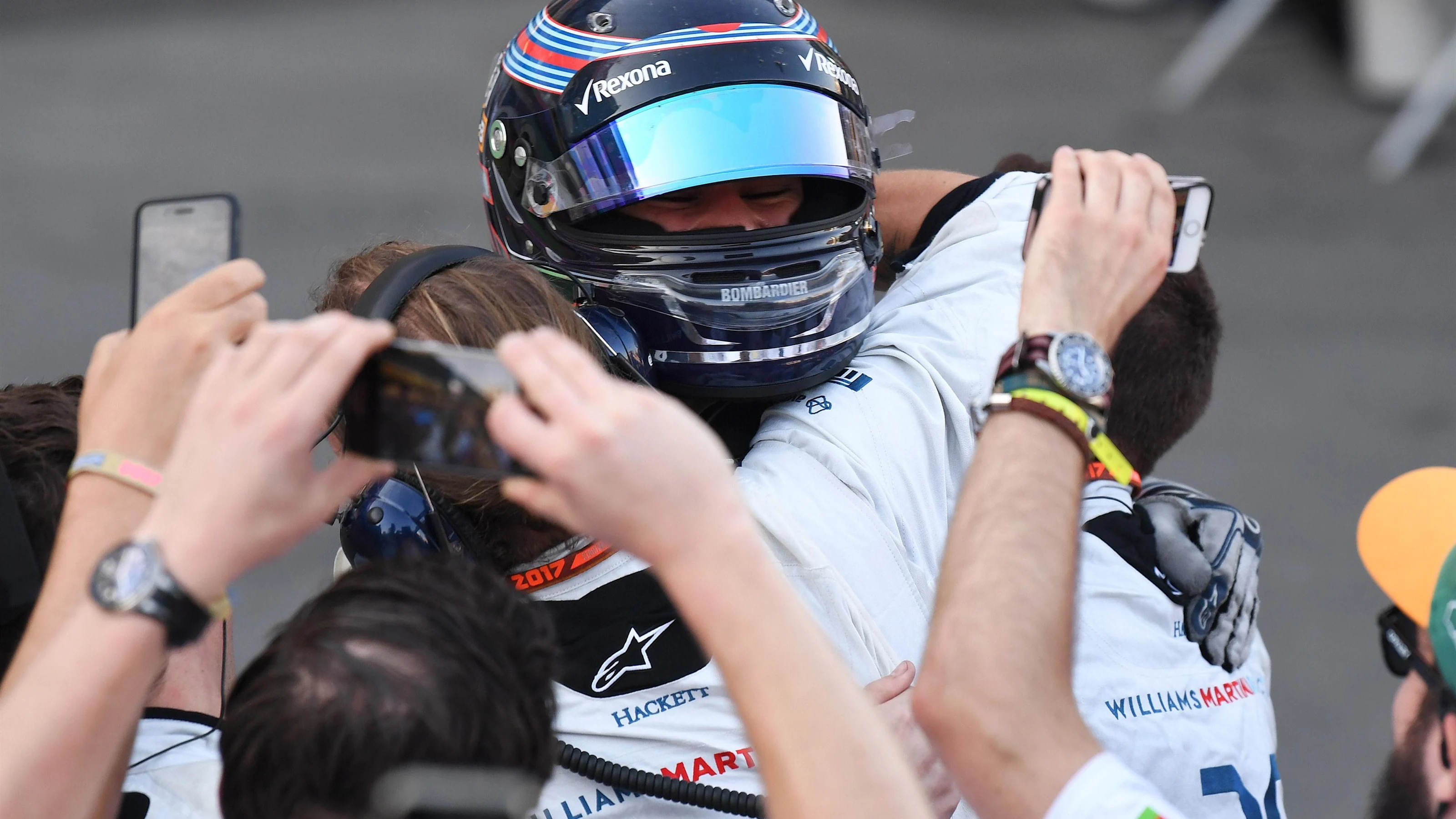Lance Stroll (CDN) Williams celebrates in parc ferme at Formula One World Championship, Rd8,