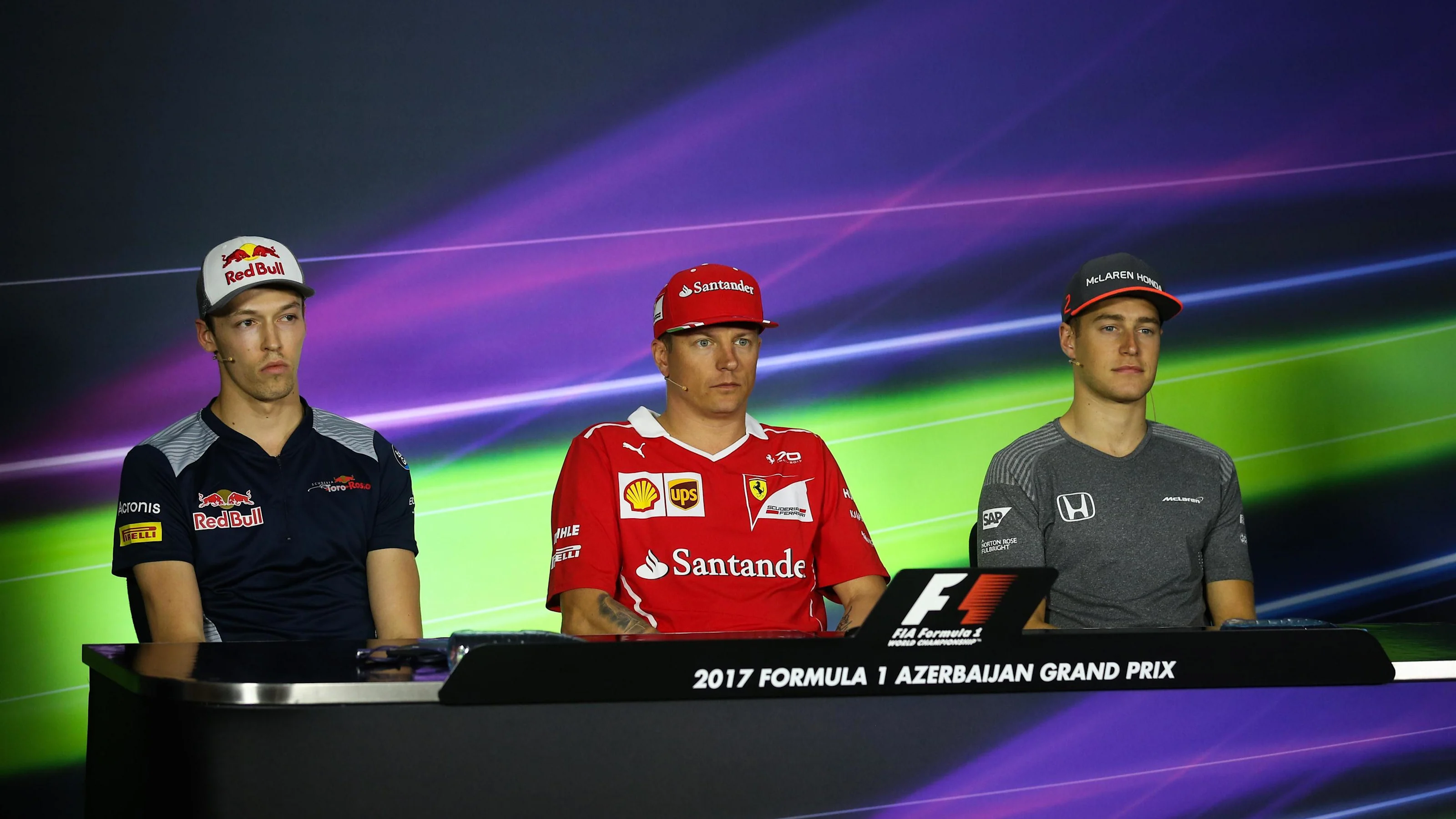 (L to R): Daniil Kvyat (RUS) Scuderia Toro Rosso, Kimi Raikkonen (FIN) Ferrari and Stoffel