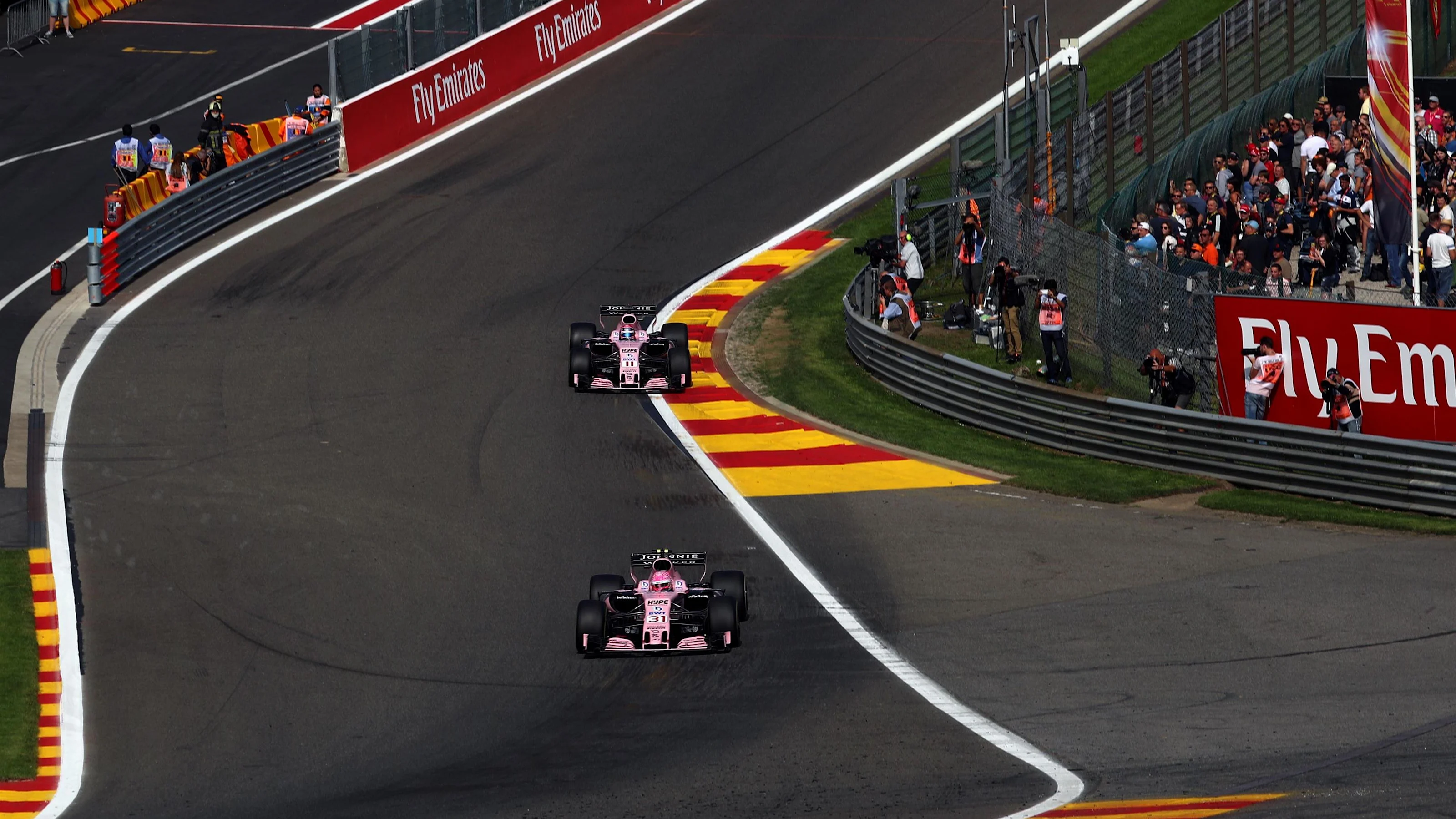 Esteban Ocon (FRA) Force India VJM10 and Sergio Perez (MEX) Force India VJM10 at Formula One World