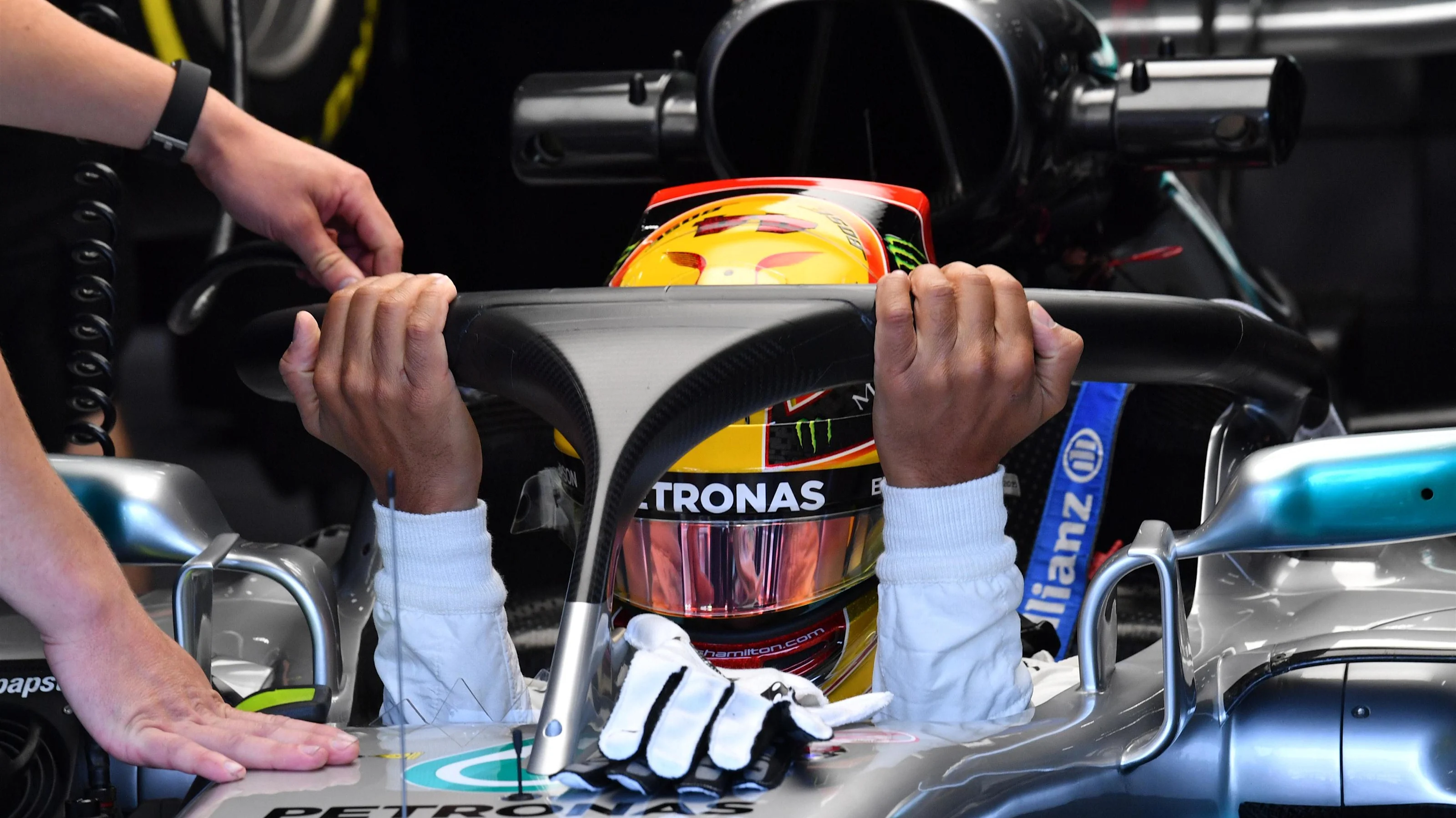 Lewis Hamilton (GBR) Mercedes-Benz F1 W08 Hybrid and halo at Formula One World Championship, Rd12,