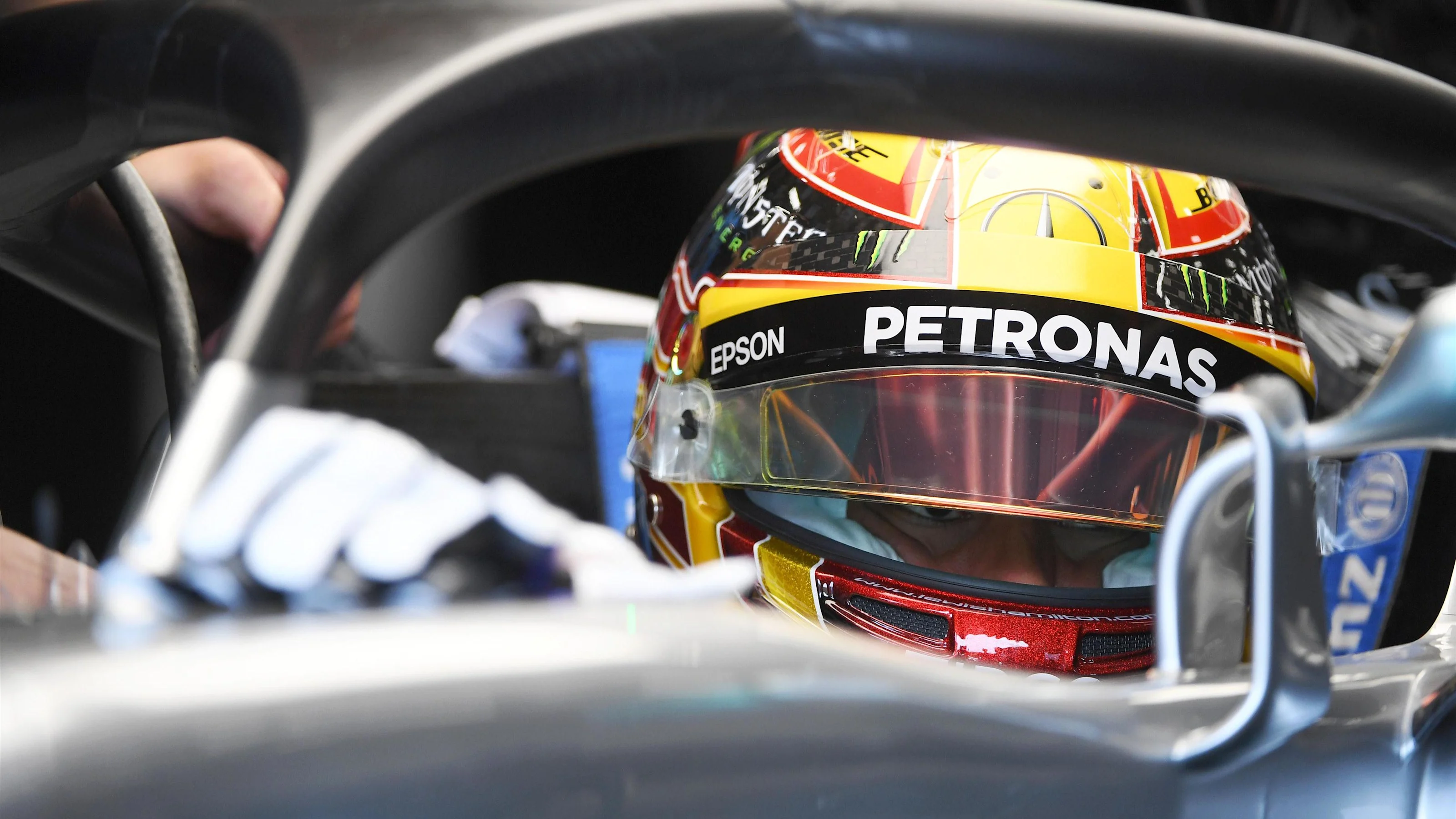 Lewis Hamilton (GBR) Mercedes-Benz F1 W08 Hybrid with halo at Formula One World Championship, Rd12,