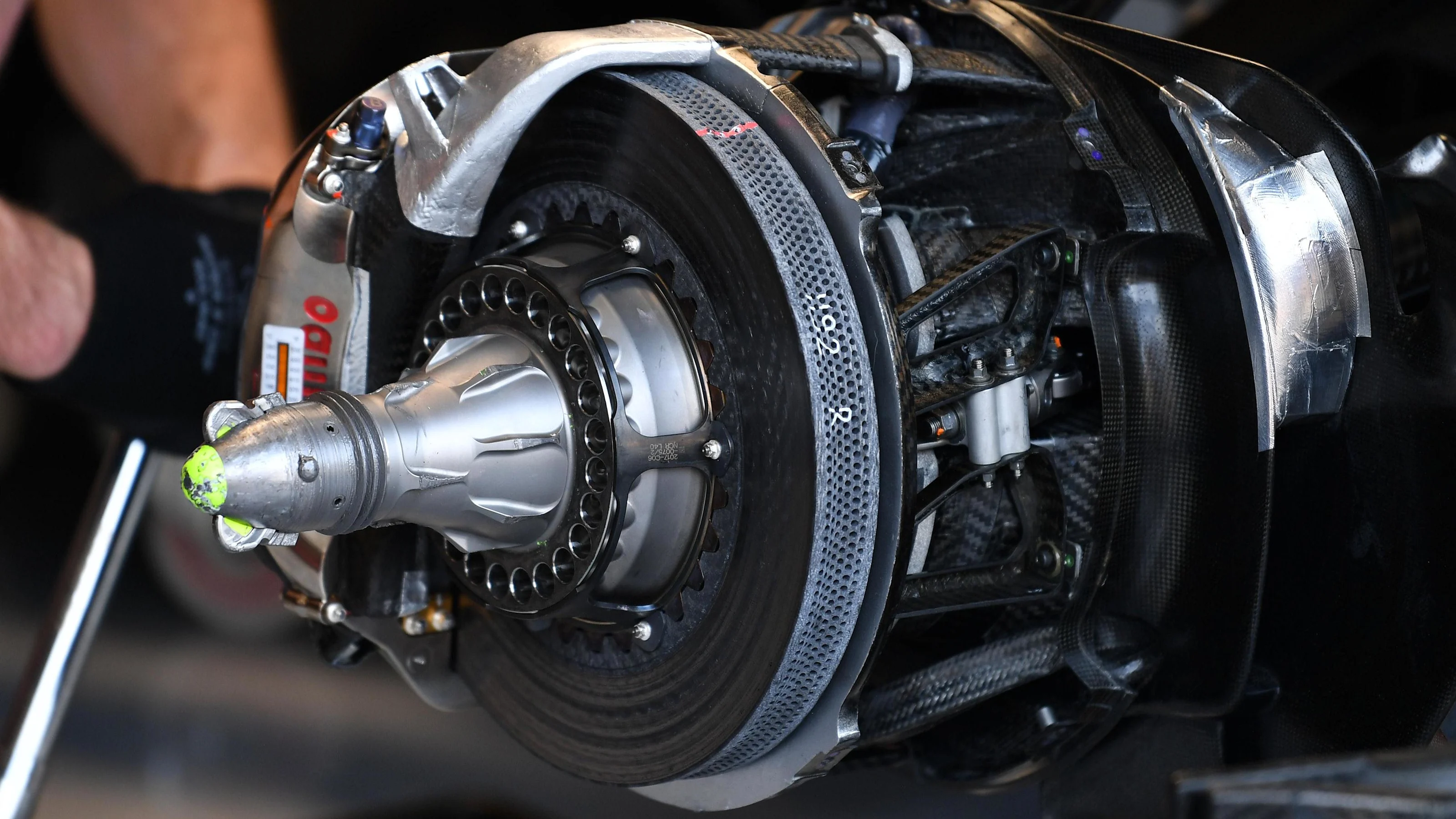 Mercedes-Benz F1 W08 Hybrid front brake and wheel hub at Formula One World Championship, Rd12,