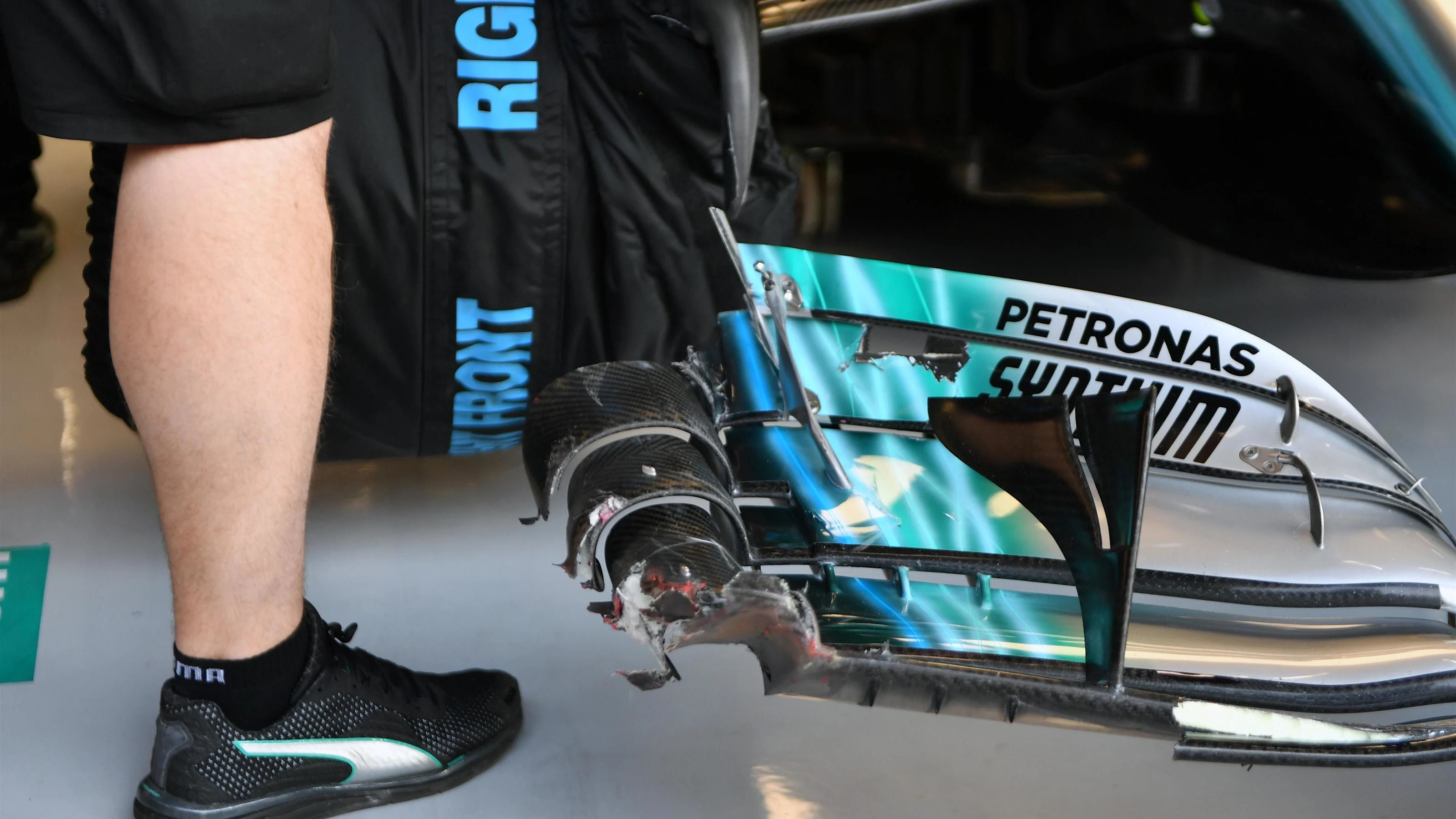 The damaged front wing of Valtteri Bottas (FIN) Mercedes-Benz F1 W08 Hybrid in FP1 at Formula One