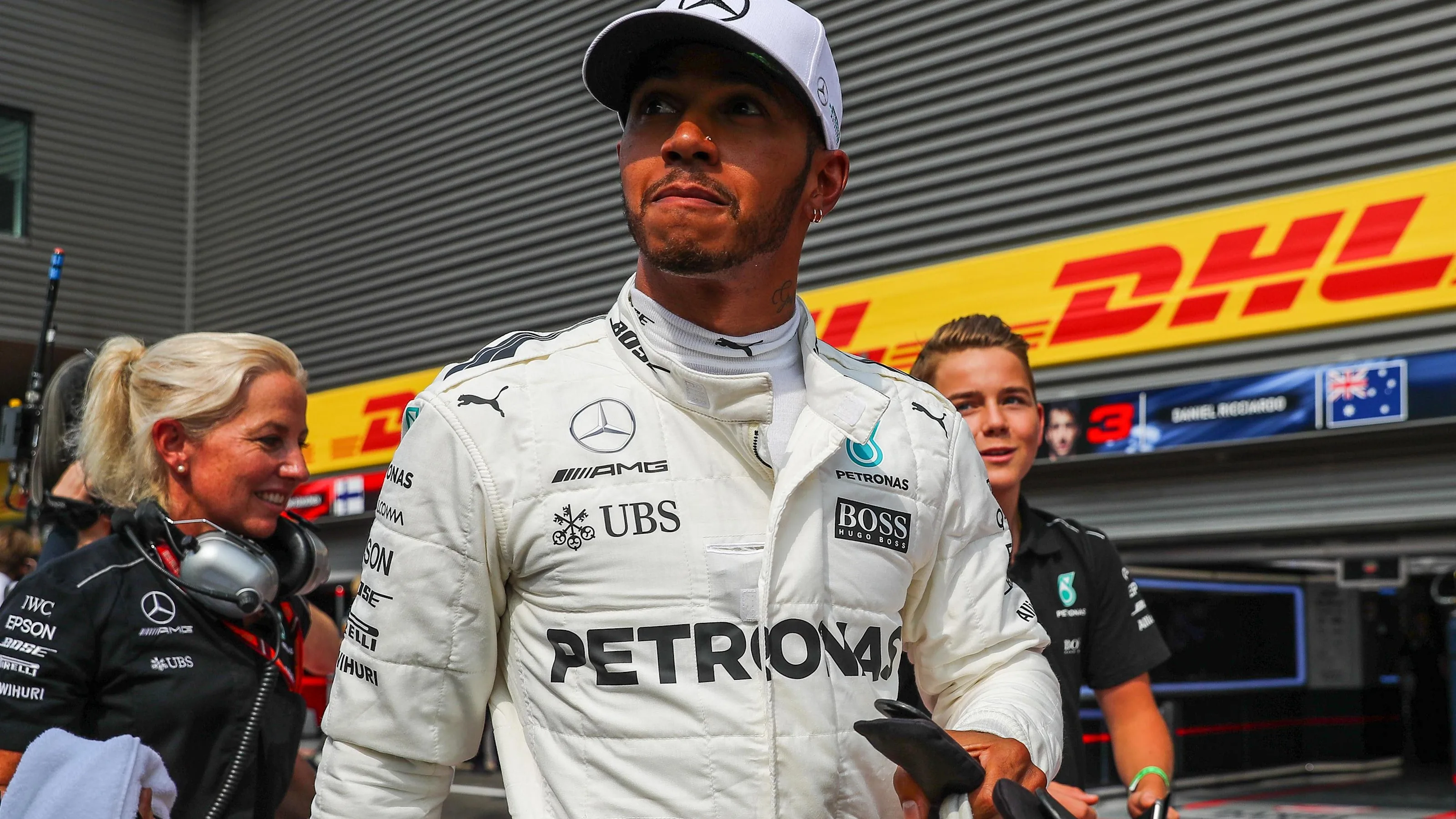 Pole sitter Lewis Hamilton (GBR) Mercedes AMG F1 celebrates in parc ferme at Formula One World