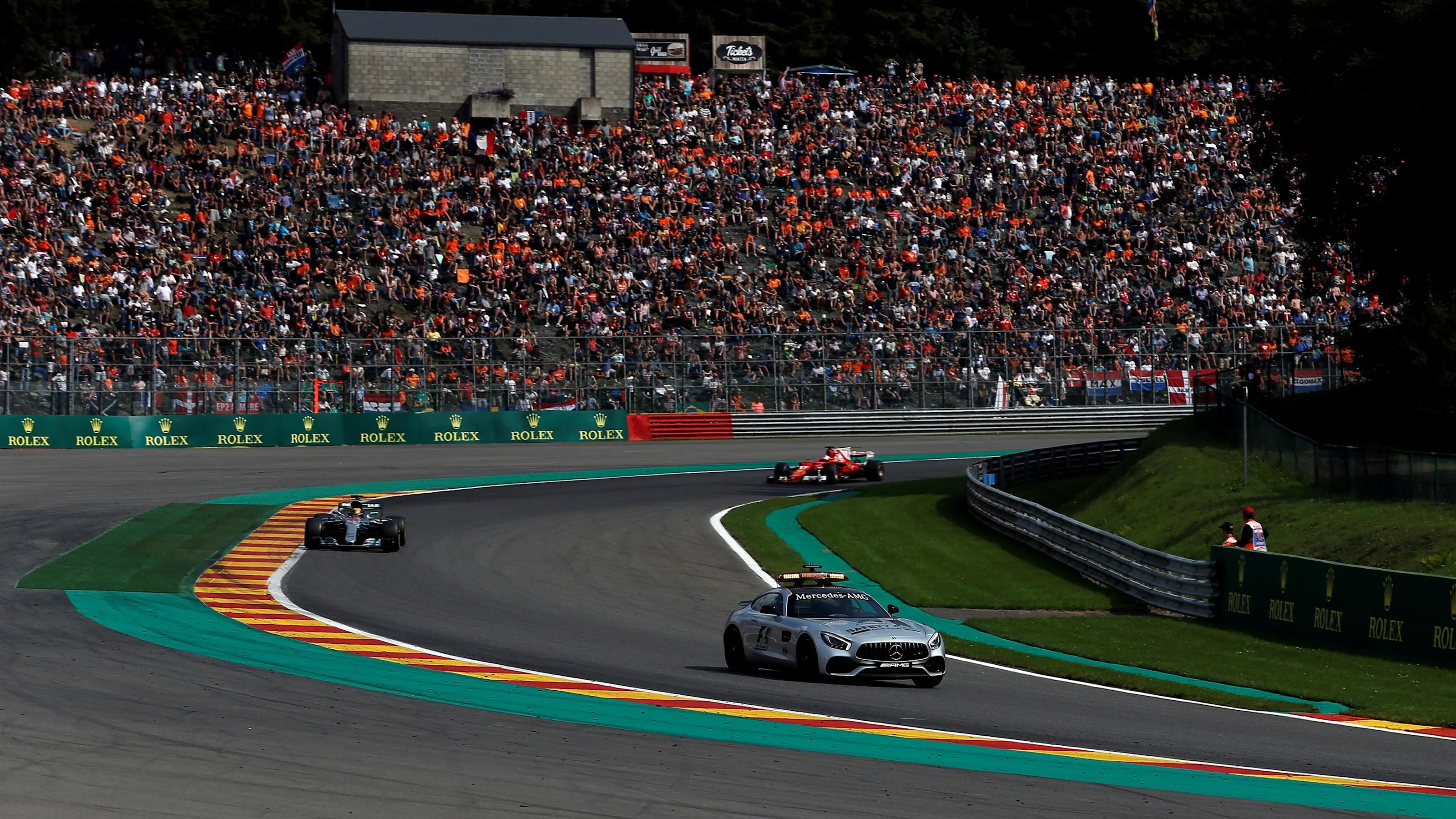 Safety car leads Lewis Hamilton (GBR) Mercedes-Benz F1 W08 Hybrid at the restart at Formula One
