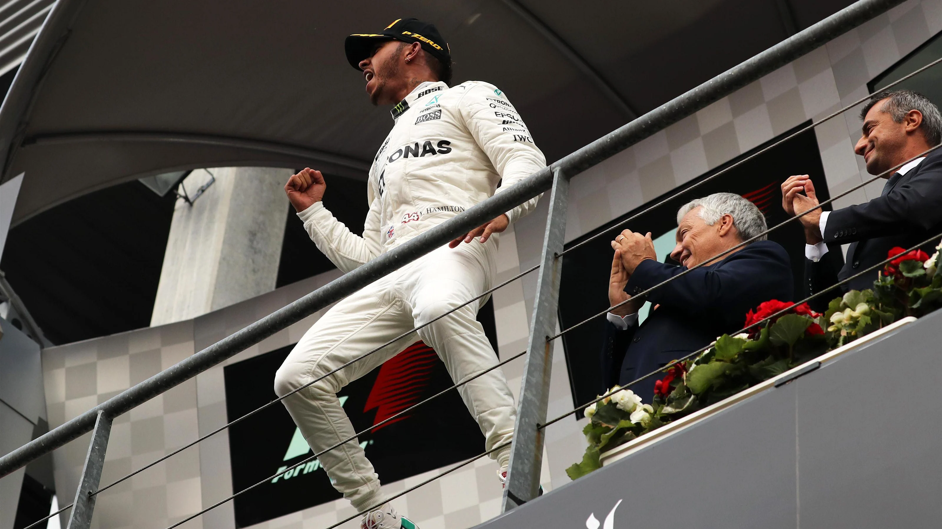 Race winner Lewis Hamilton (GBR) Mercedes AMG F1 celebrates on the podium at Formula One World
