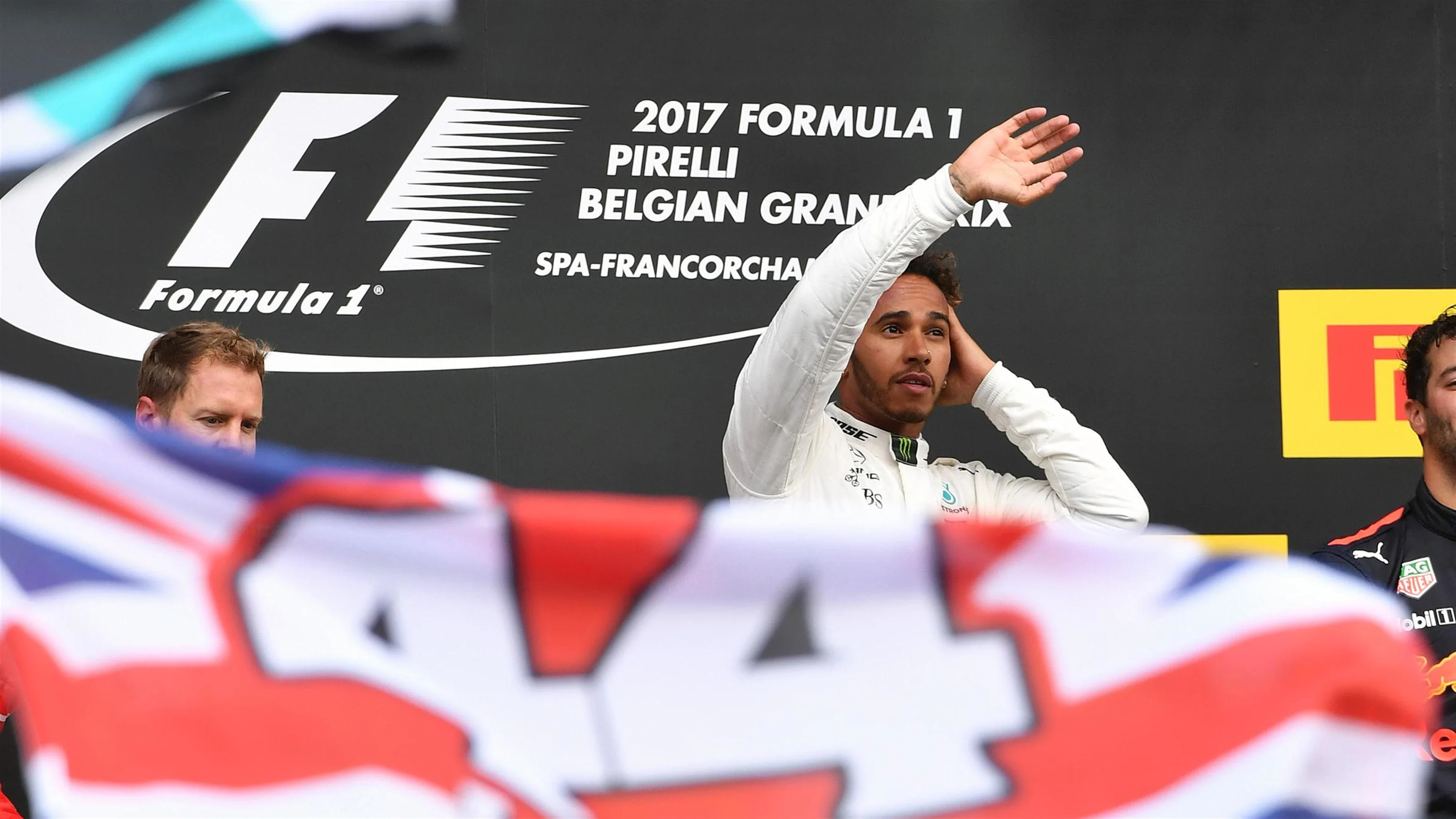 Race winner Lewis Hamilton (GBR) Mercedes AMG F1 celebrates on the podium at Formula One World