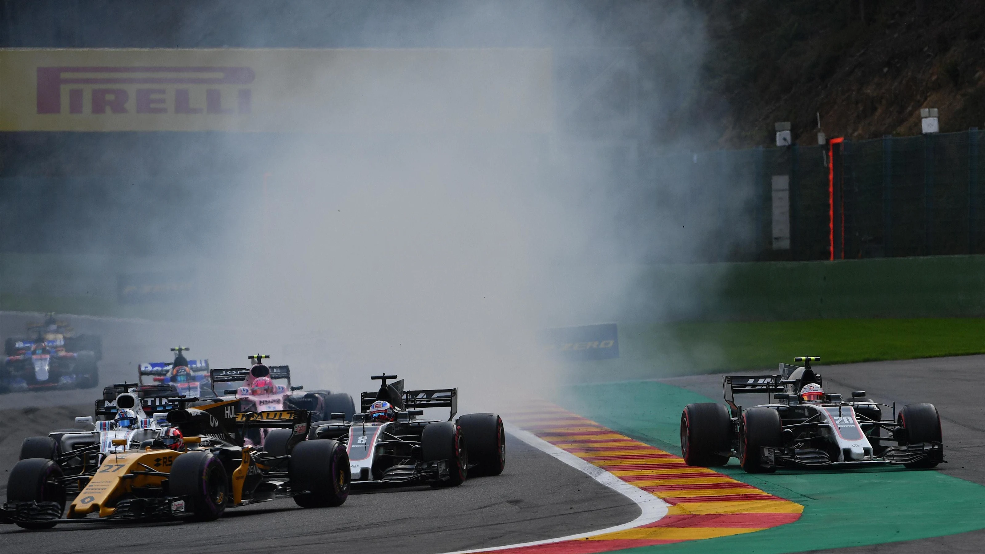 Kevin Magnussen (DEN) Haas VF-17 runs wide at the re-start at Formula One World Championship, Rd12,