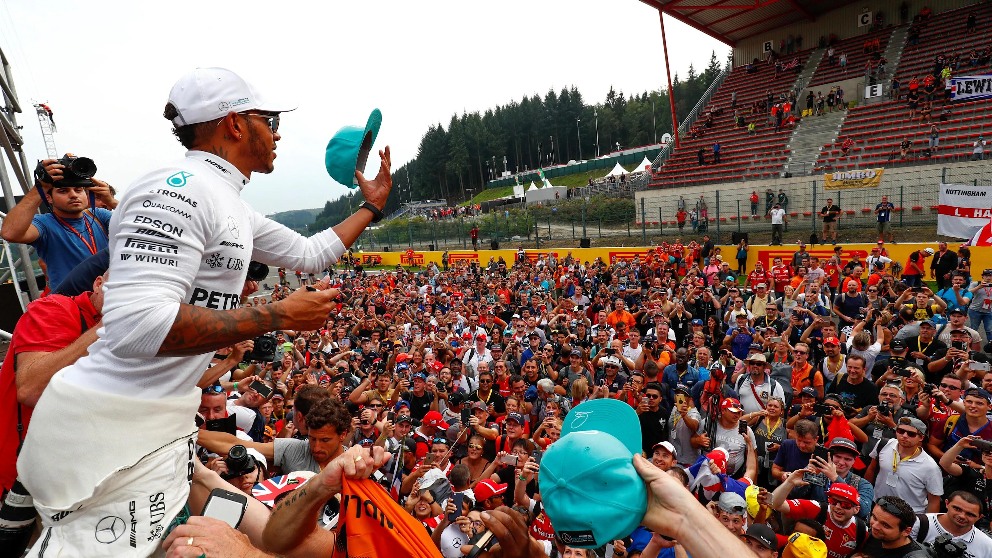 Race winner Lewis Hamilton (GBR) Mercedes AMG F1 celebrates with the fans at Formula One World
