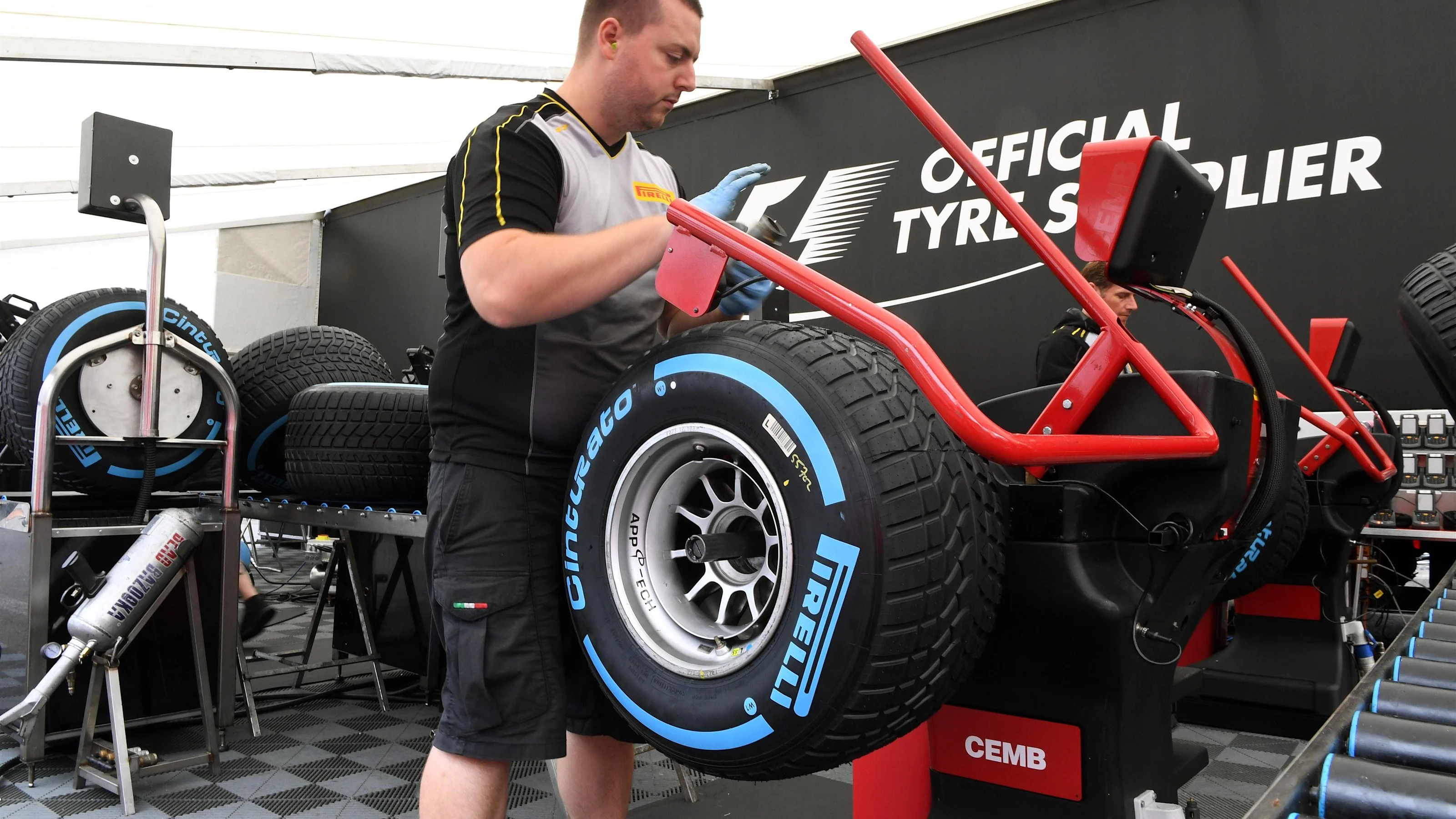 Pirelli tyre preparation area at Formula One World Championship, Rd12, Belgian Grand Prix,