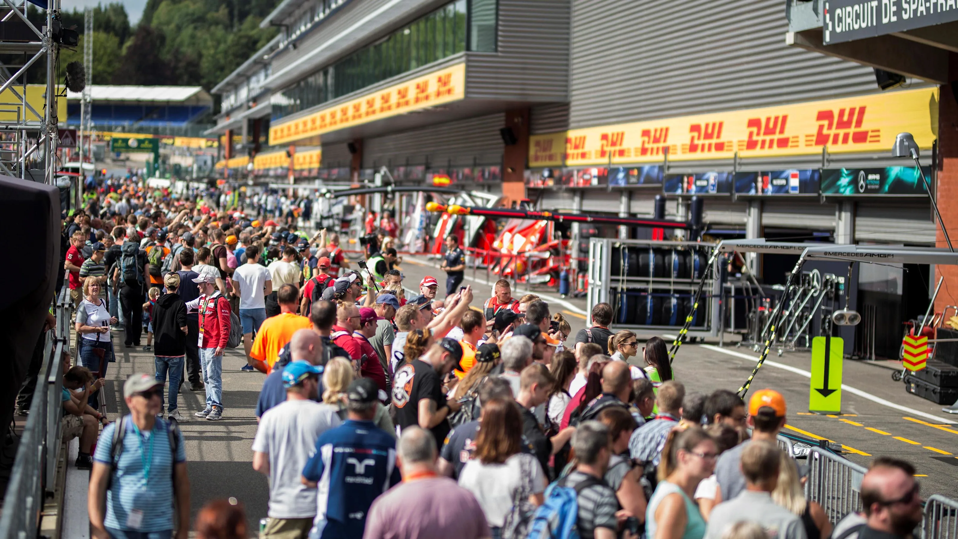 Fans in pit lane at Formula One World Championship, Rd12, Belgian Grand Prix, Preparations, Spa