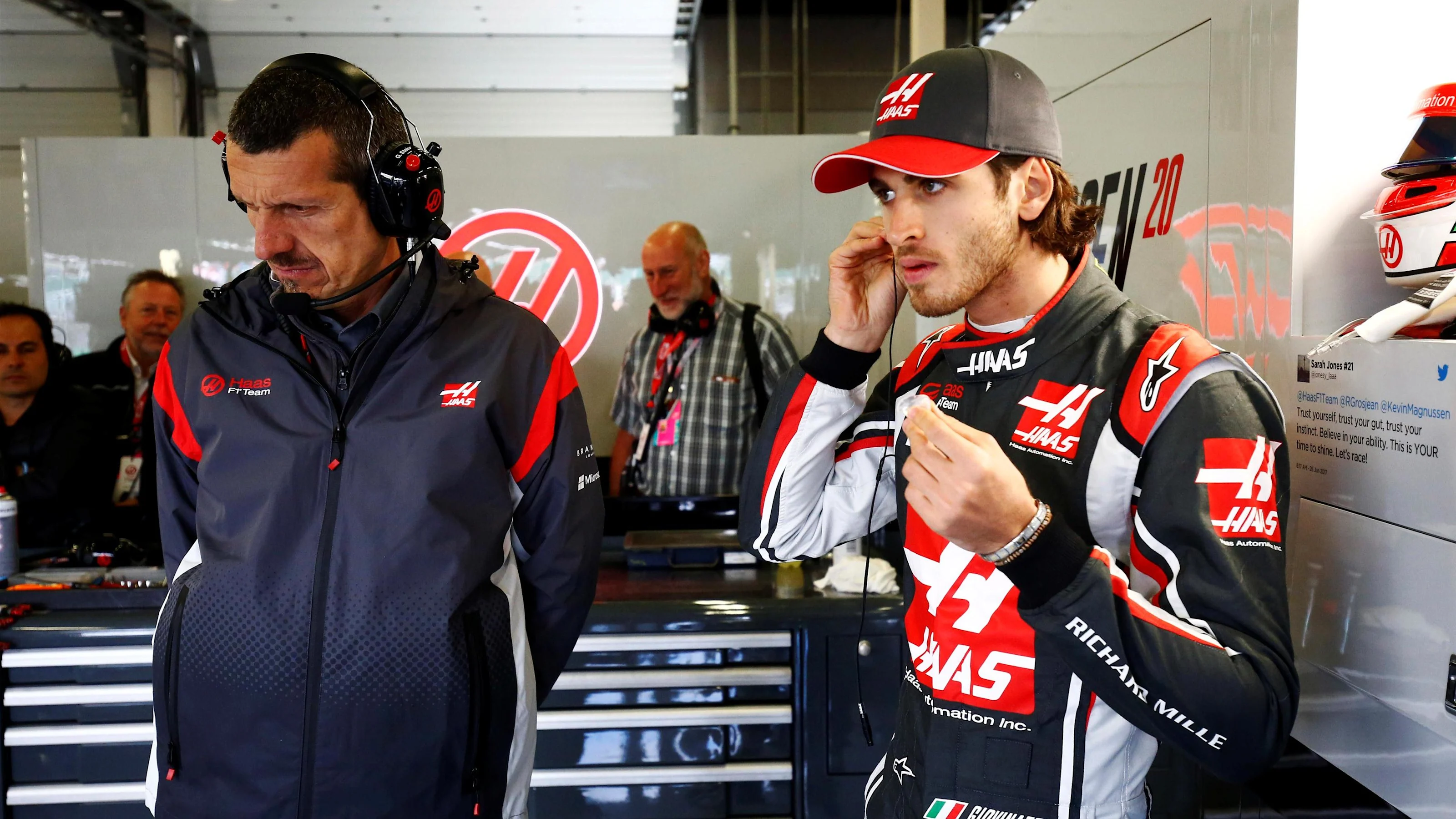 Guenther Steiner (ITA) Haas F1 Team Principal and Antonio Giovinazzi (ITA) Haas F1 at Formula One