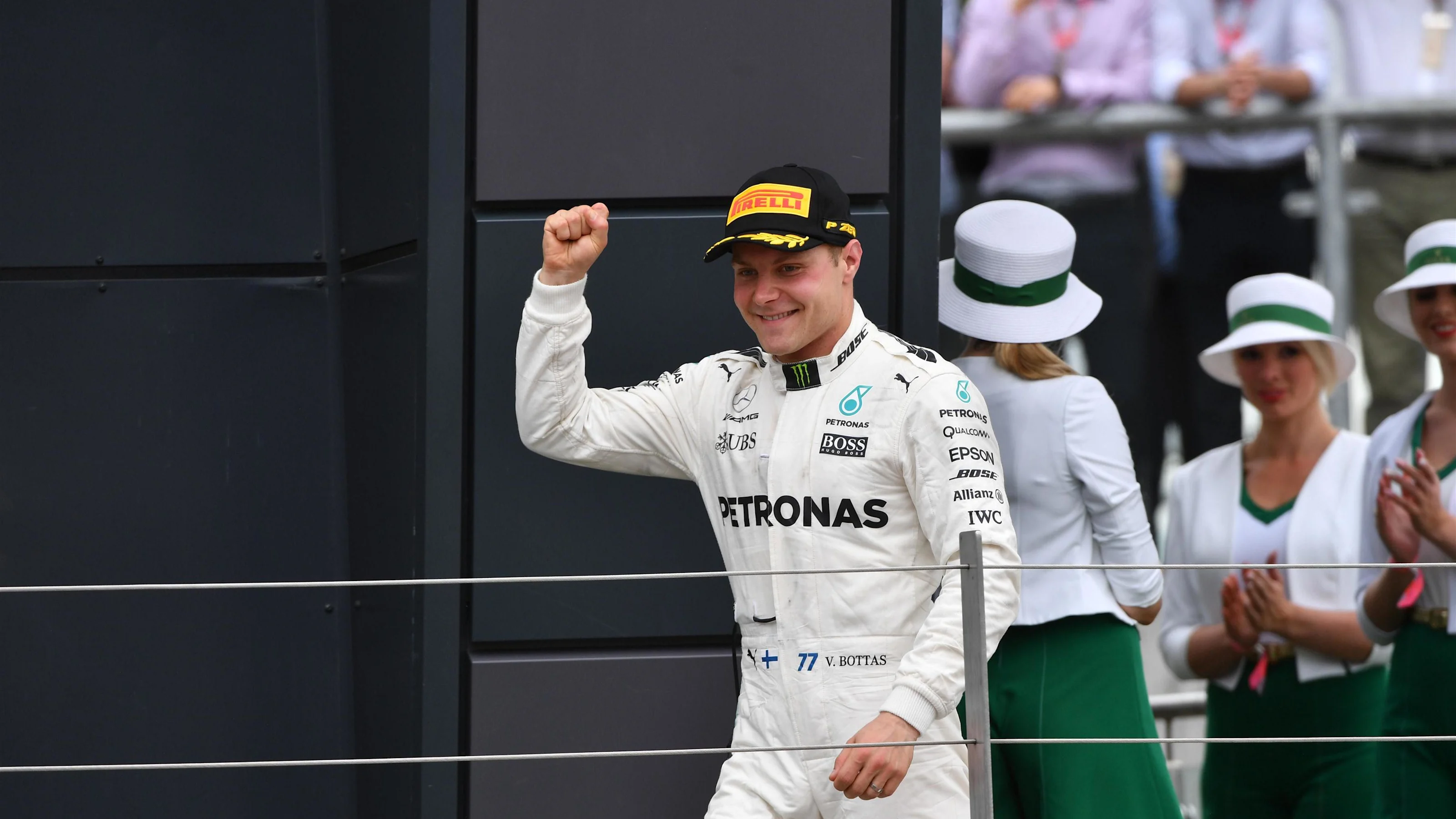 Valtteri Bottas (FIN) Mercedes AMG F1 celebrates on the podium at Formula One World Championship,