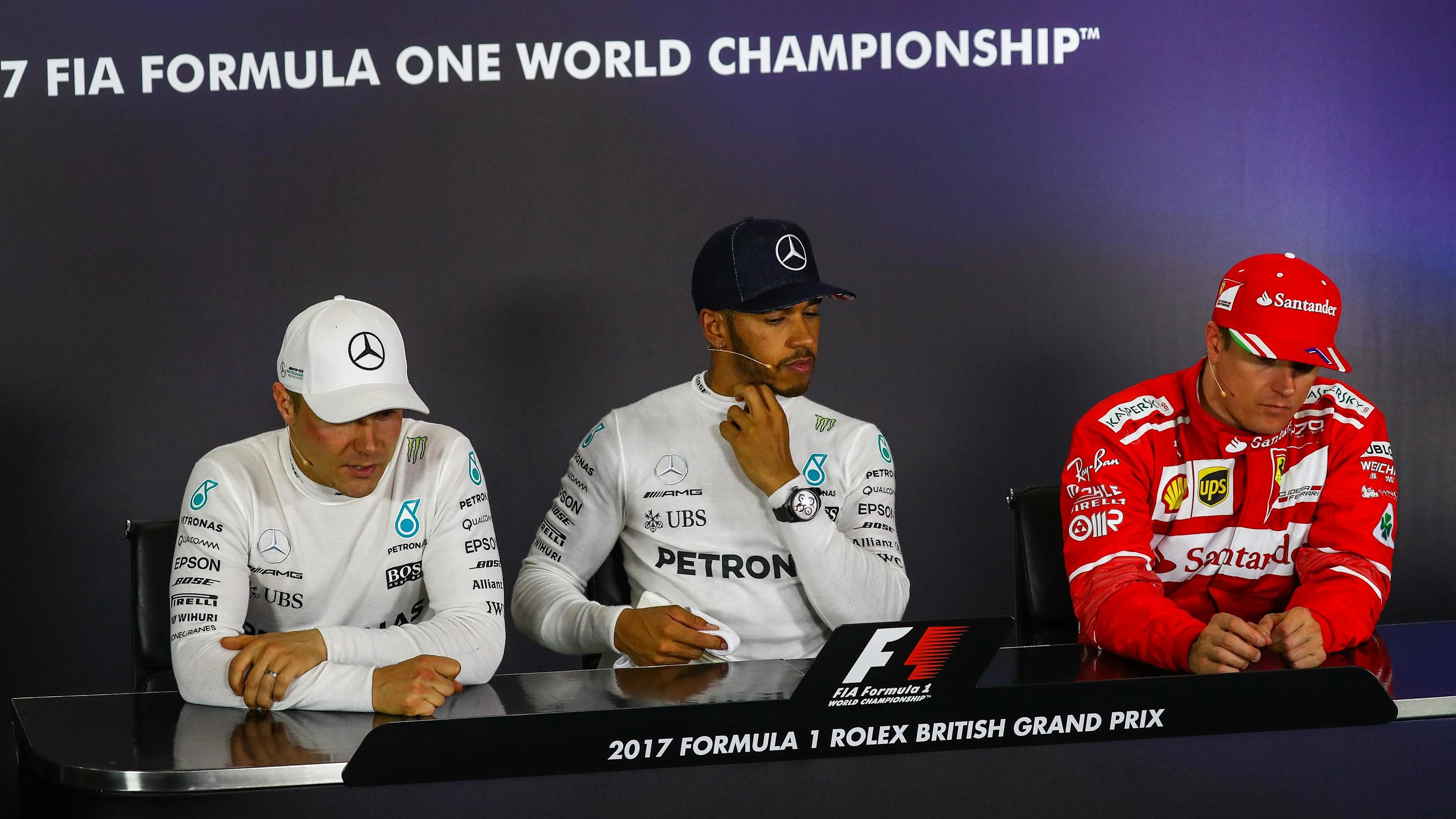 Valtteri Bottas (FIN) Mercedes AMG F1, Lewis Hamilton (GBR) Mercedes AMG F1 and Kimi Raikkonen