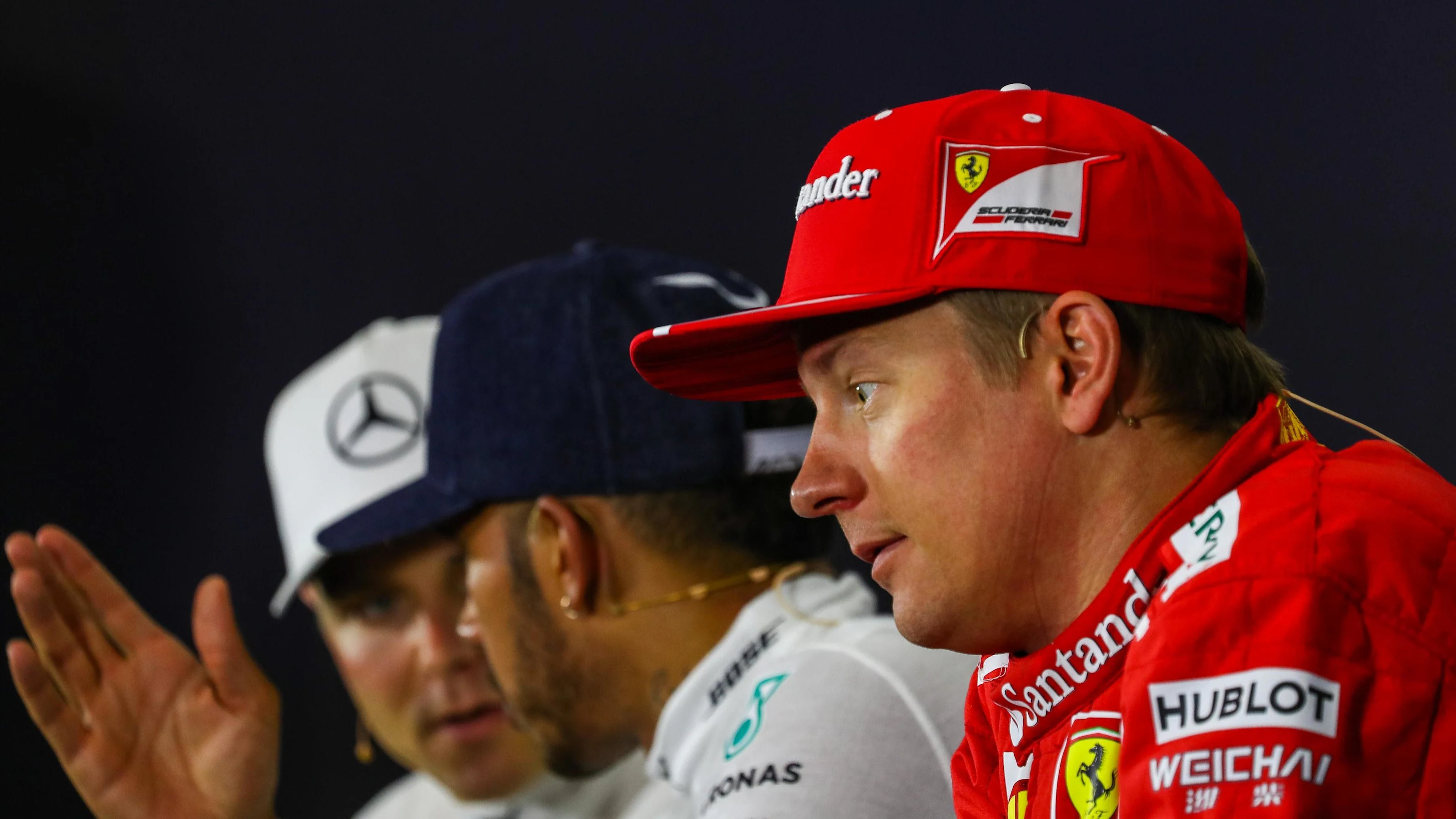 Valtteri Bottas (FIN) Mercedes AMG F1, Lewis Hamilton (GBR) Mercedes AMG F1 and Kimi Raikkonen