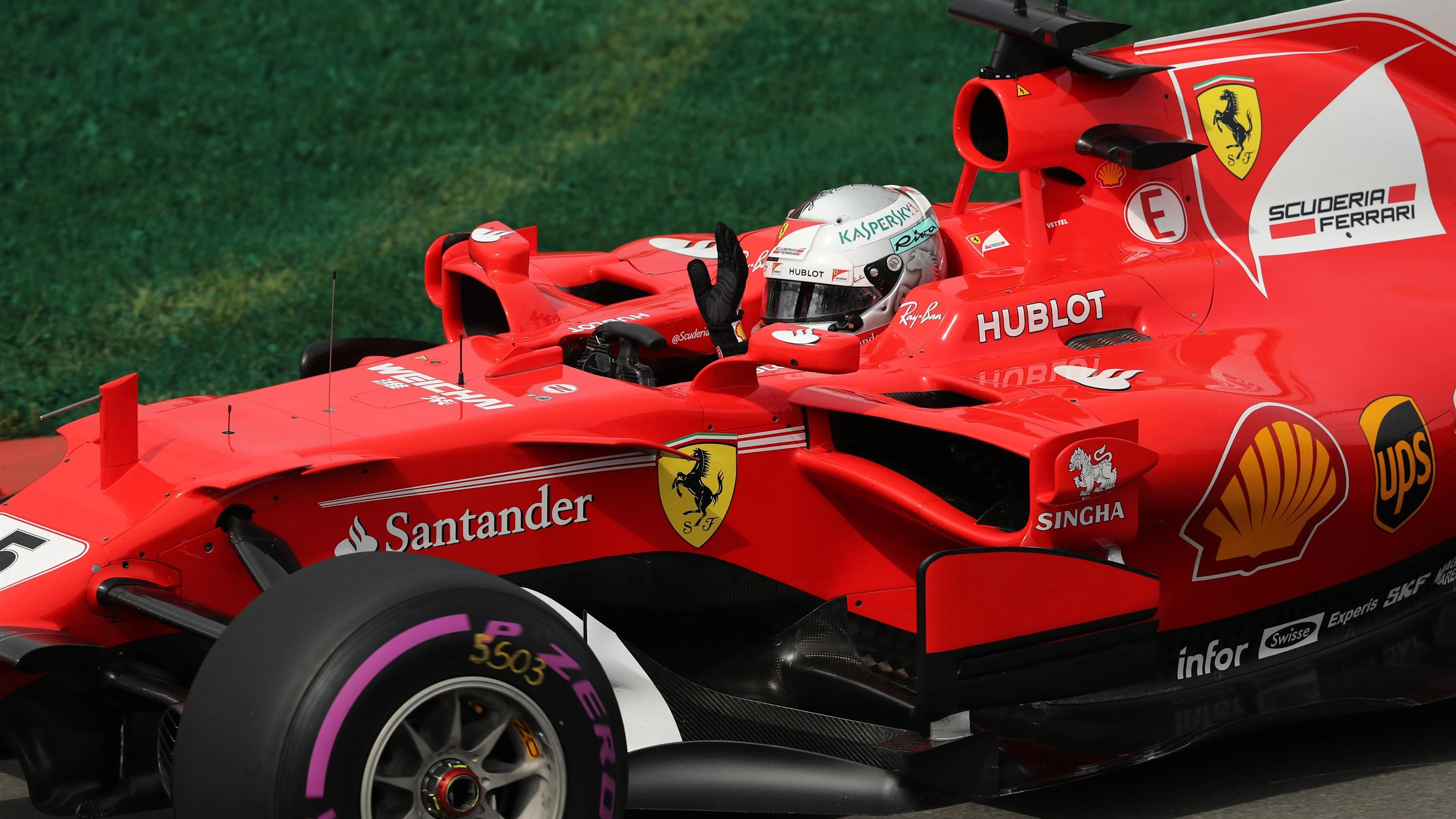 Sebastian Vettel (GER) Ferrari SF70-H waves to the fans at Formula One World Championship, Rd7,