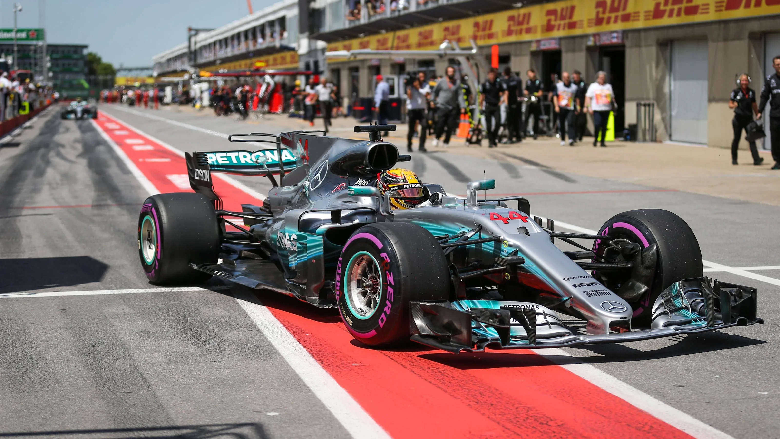 Pole sitter Lewis Hamilton (GBR) Mercedes-Benz F1 W08 Hybrid arrives in parc ferme at Formula One